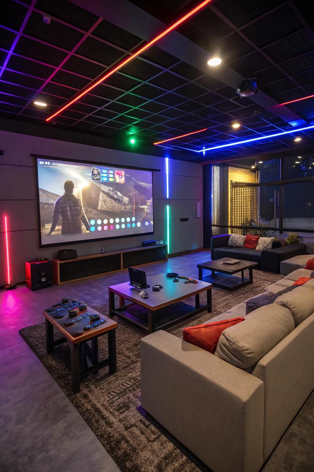 Immerse yourself in entertainment using a media lounge designed for gaming and movies.