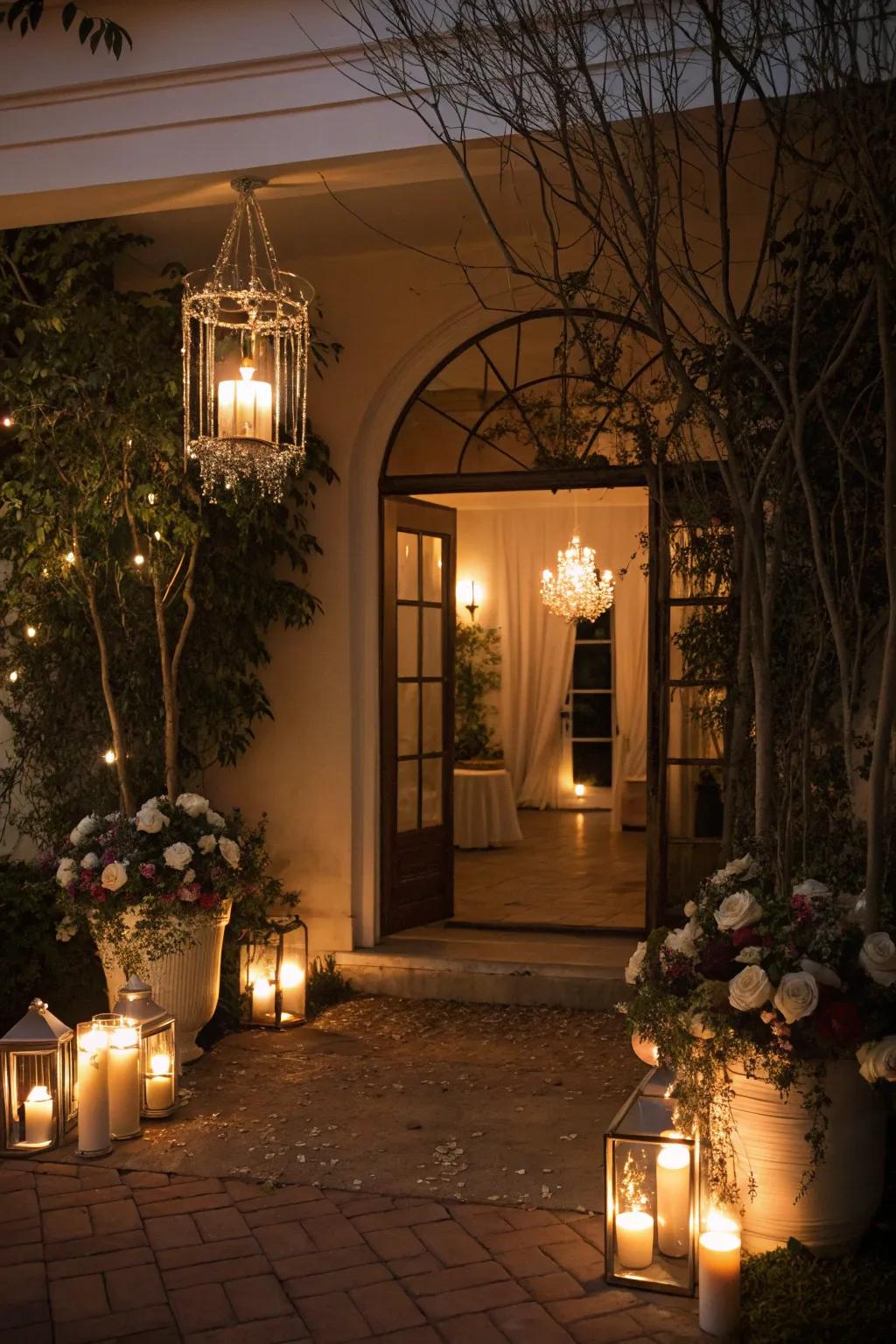An entrance exhibiting candle-style light fixtures that furnish a radiant and romantic radiance.