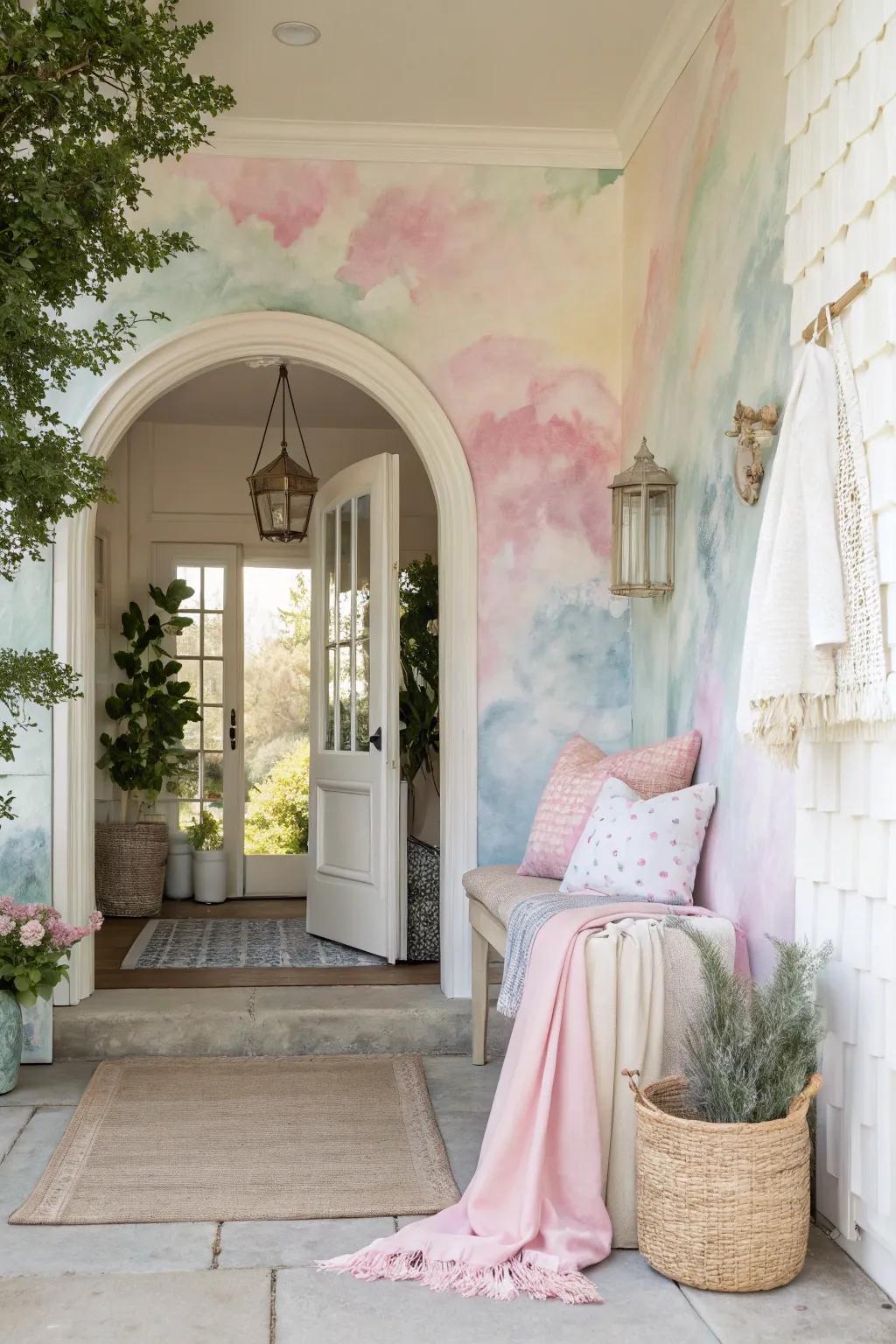 A dreamy entryway featured watercolor wallpaper for a gentle welcome.