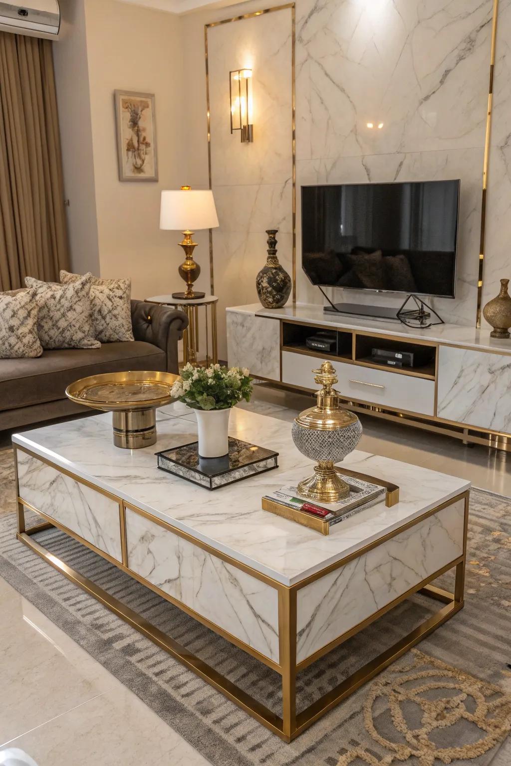 Marble aspects contribute elegance to this European-style living space.