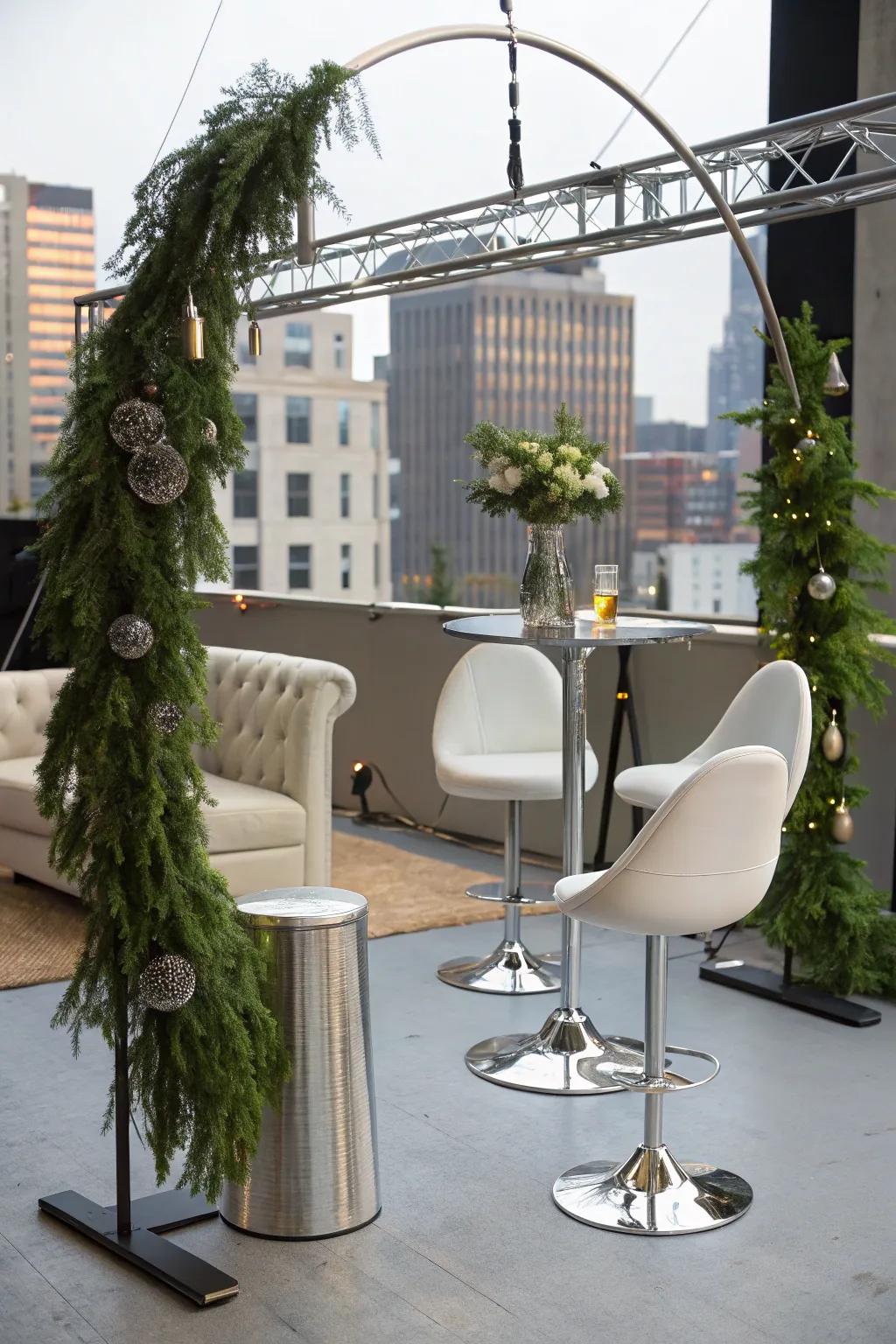 An urban chic swag featuring metallic accents inside a studio.