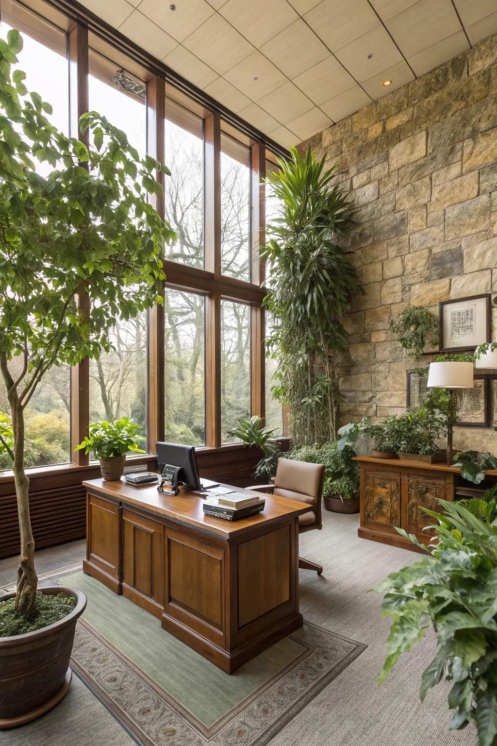Biophilic elements foster a calming office environment.