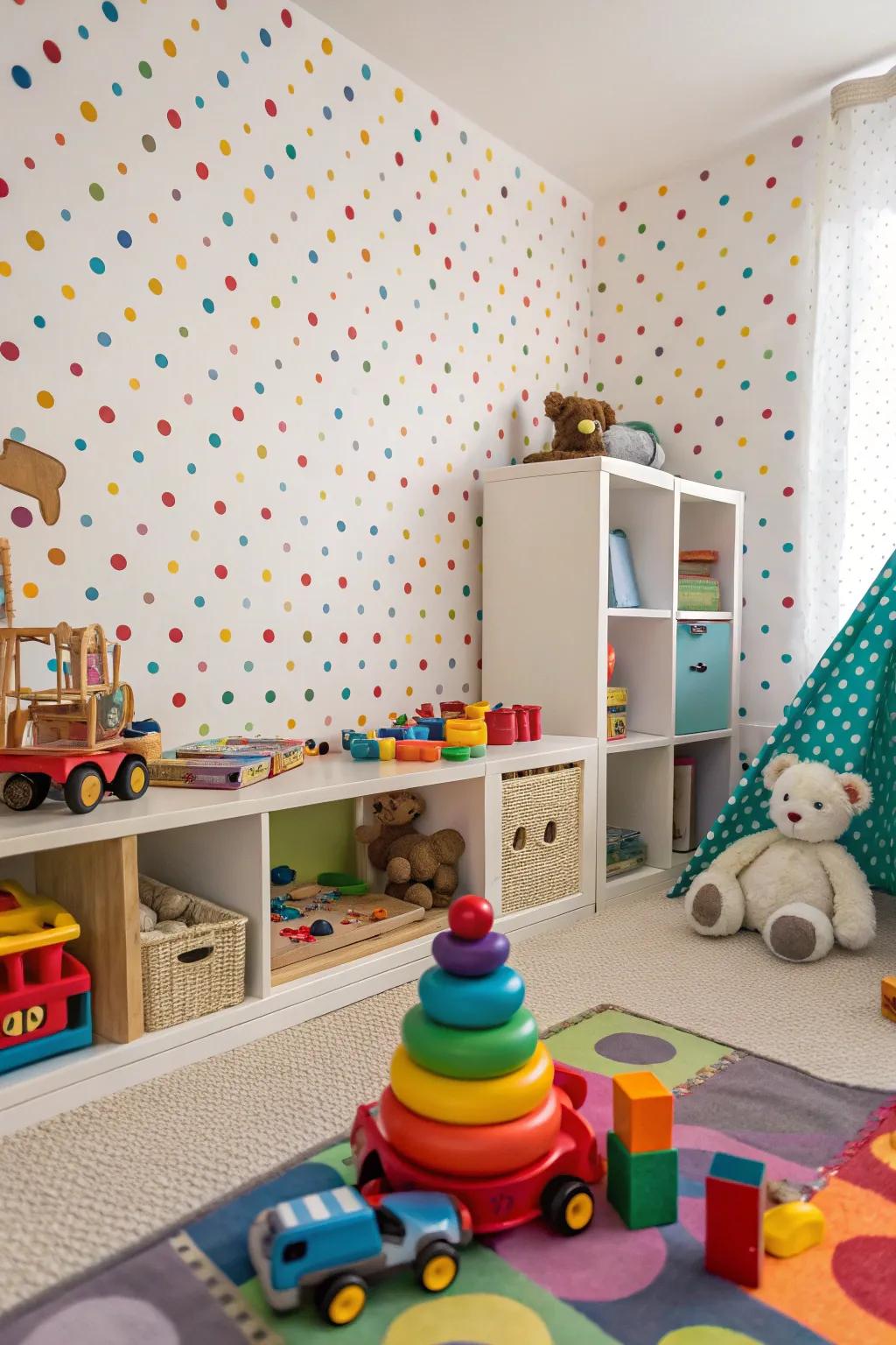 Fabric wallpaper with whimsical polka dots creates a fun atmosphere.