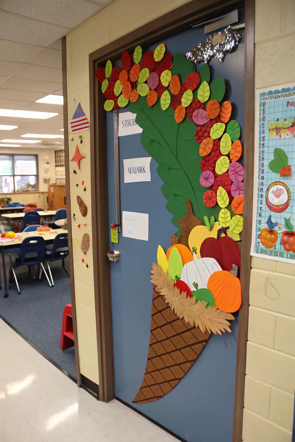 Harvest entrance decor celebrating seasonal abundance.