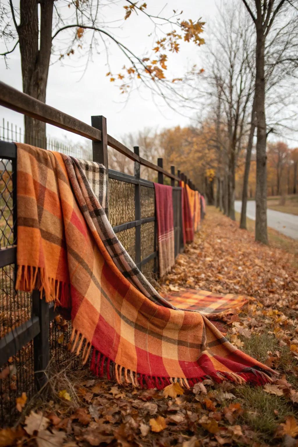 Plaid textile in autumn pigments incorporates a comfortable visual to the fence.