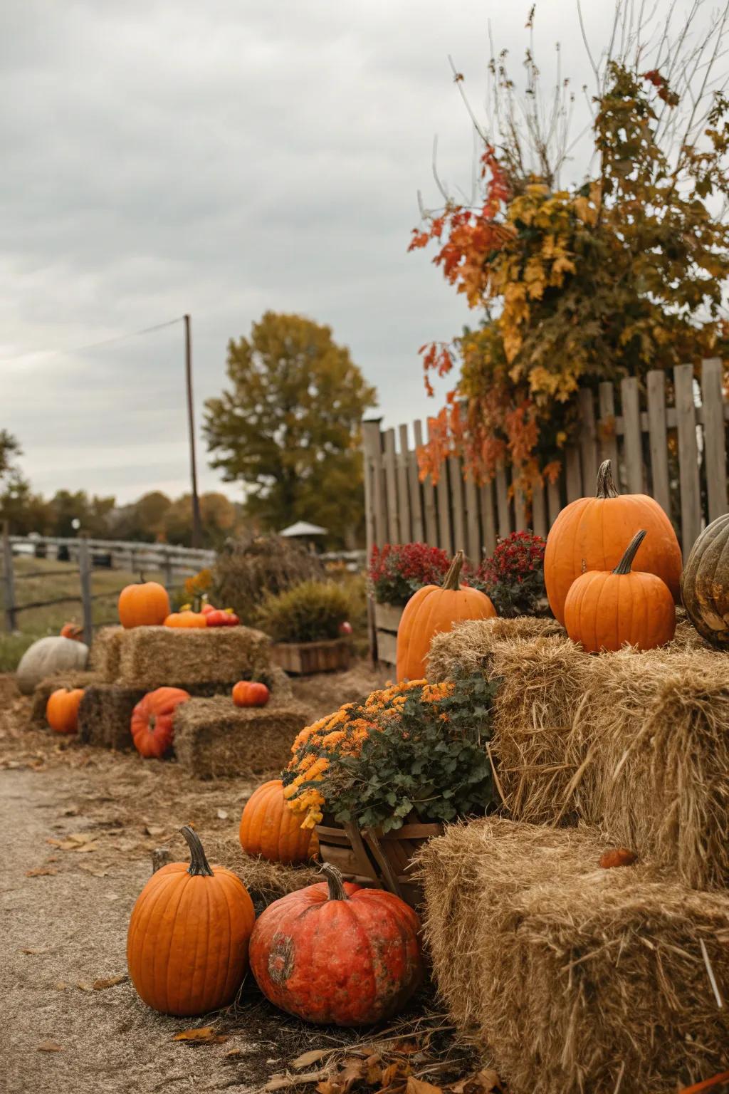 Small straw bundles add a rustic harvest-time charm to gourd displays.