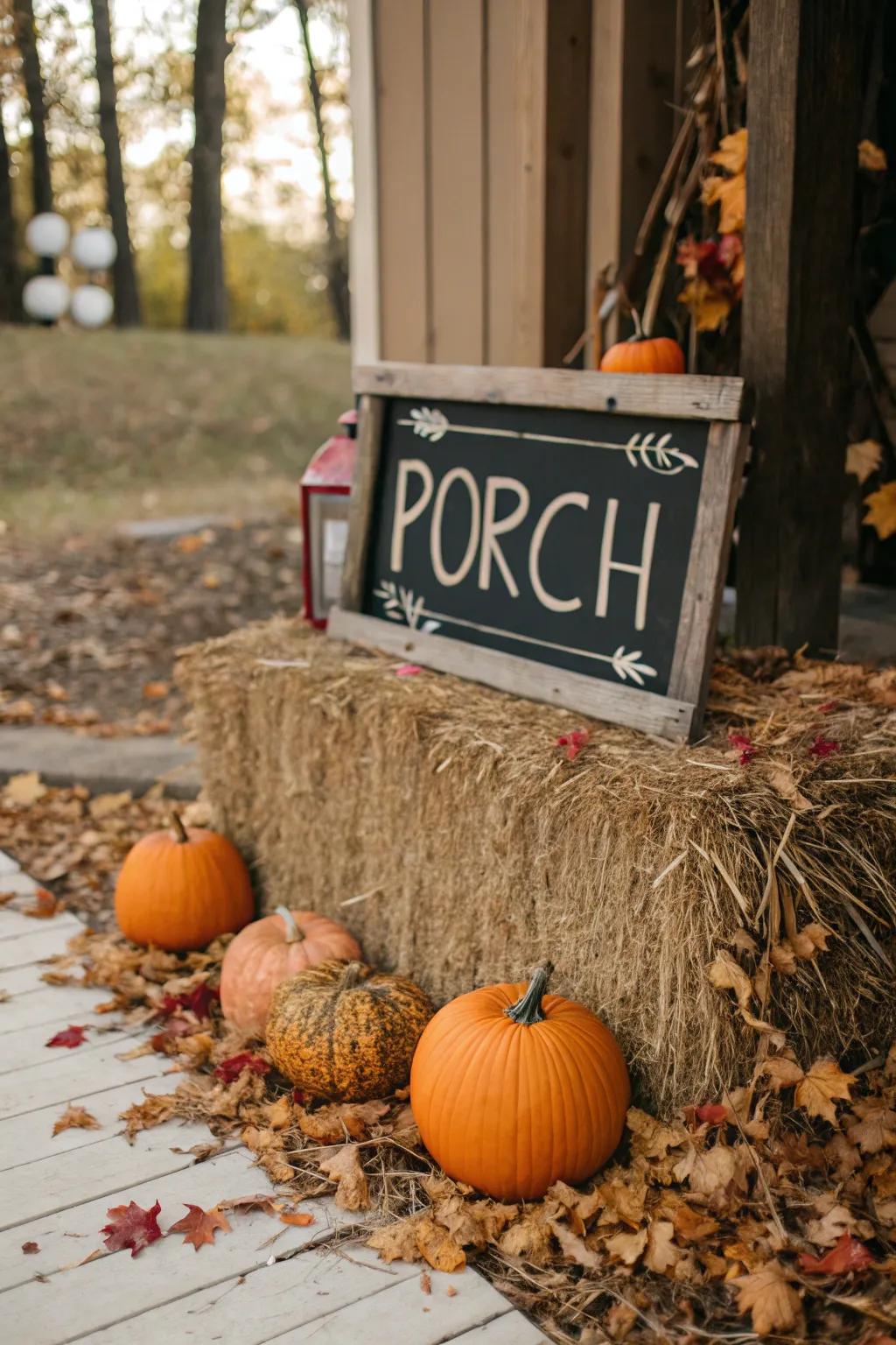 A hay bale adds rustic charm to your fall porch marker display.