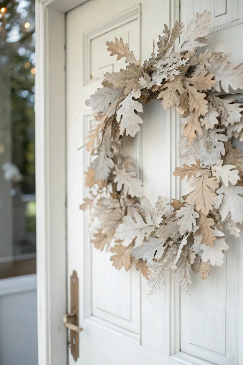 Whitened quercus leaves proffer a singular and ethereal layout.