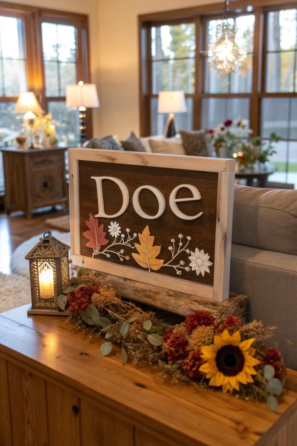 An interchangeable family name display ideal for seasonal enhancements.