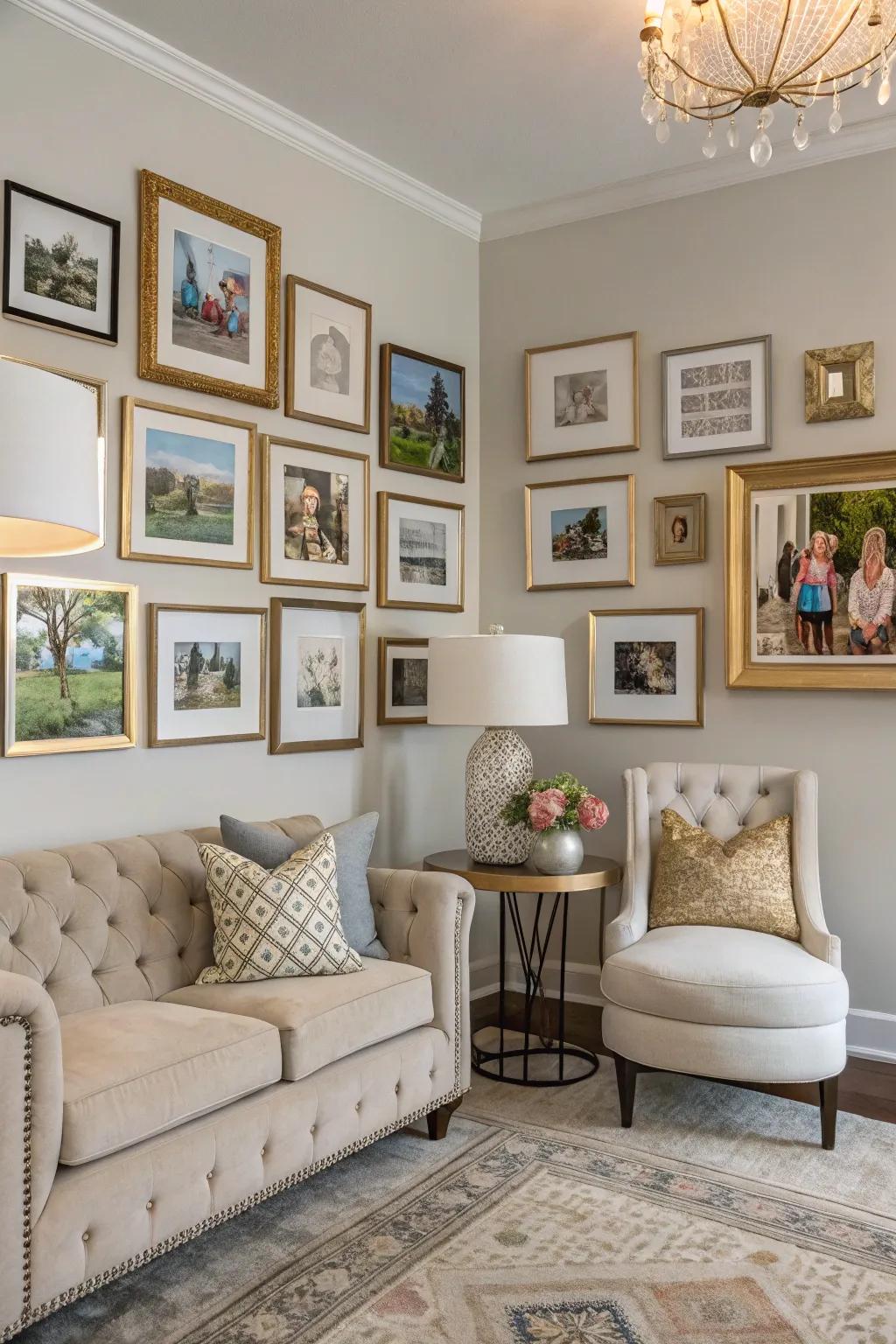 Art pieces elevate a family image wall.