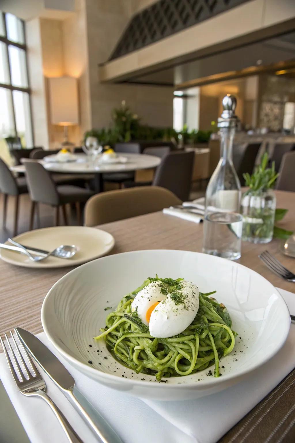 Eggs atop zucchini strands provide an invigorating and reduced-carb selection.
