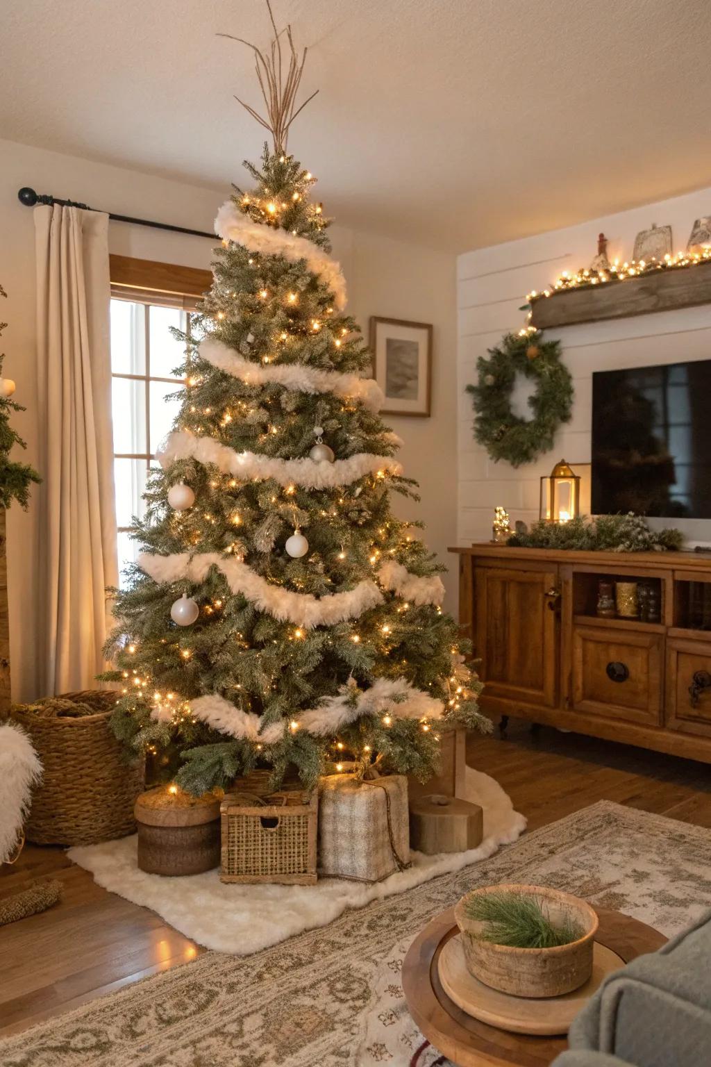 Faux fur embellishments bring a dash of luxury to this snug tree.