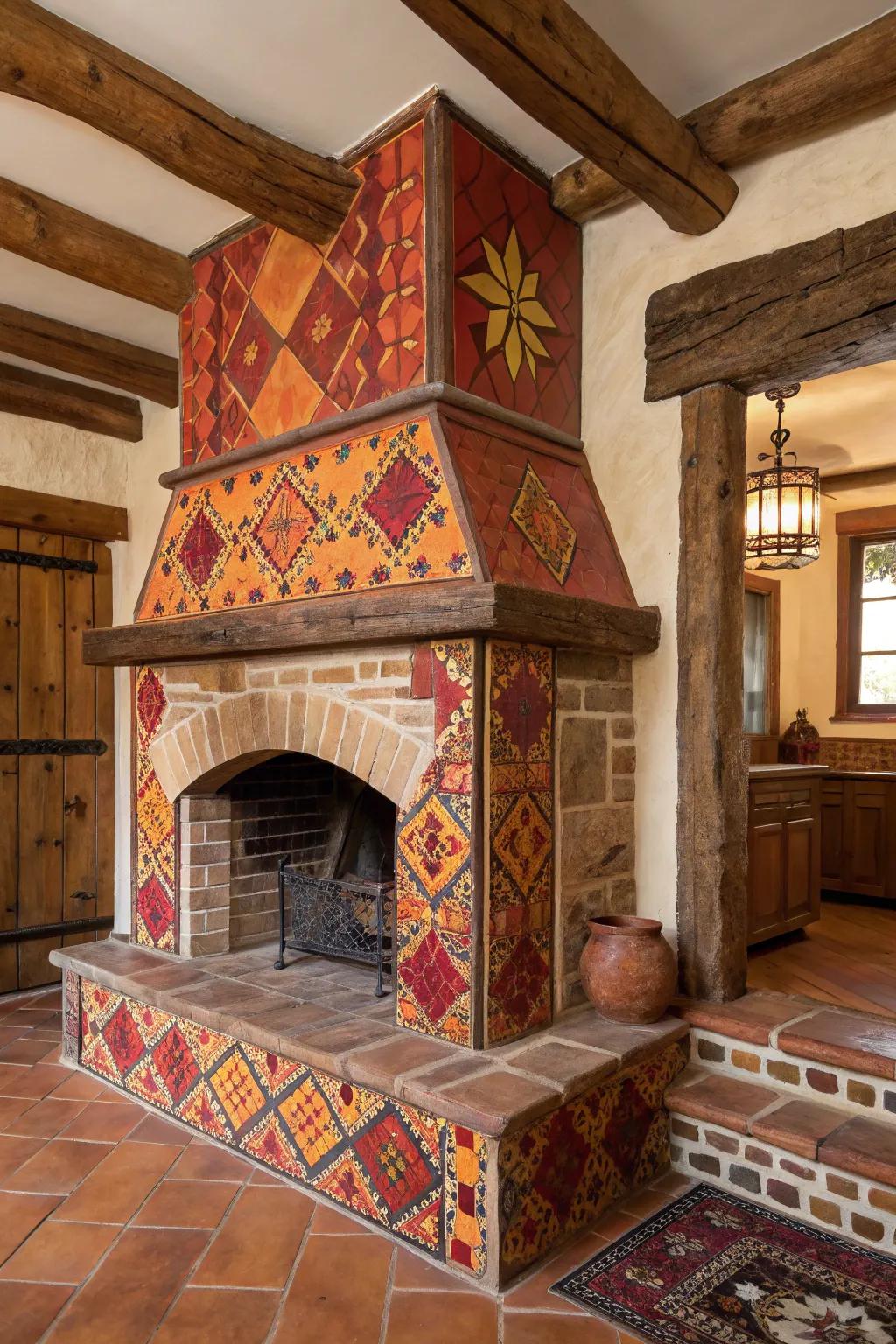 Southwest-inspired colors adding flair to a farmhouse fireplace.