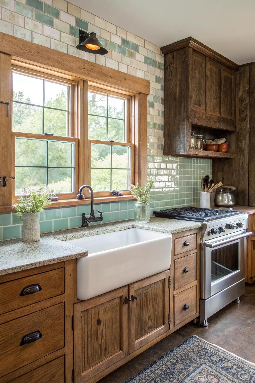 A farmhouse cooking area with rustic finish glass tile backsplash.