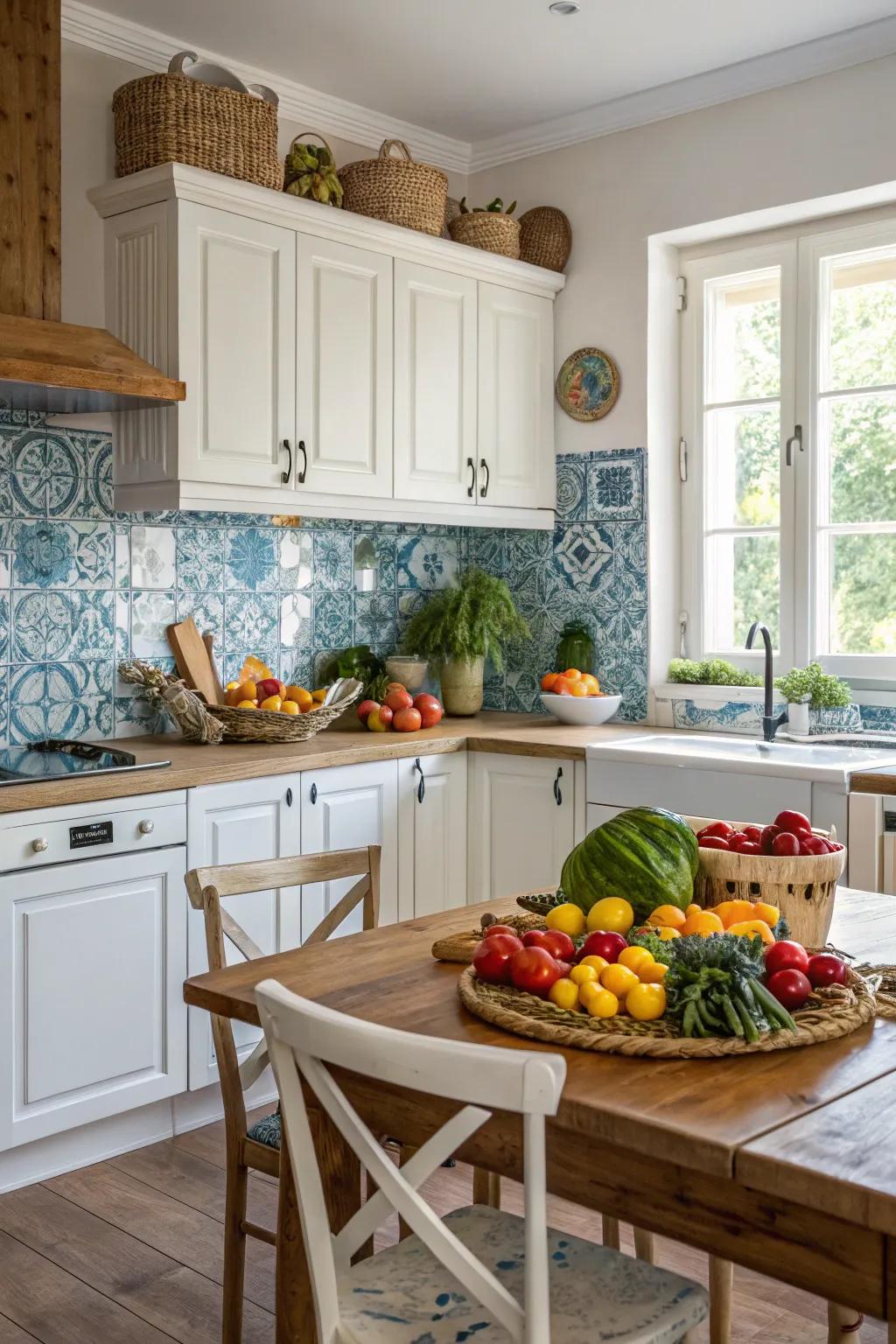 A azure backsplash adds a vibrant burst of color to this farmhouse kitchen.