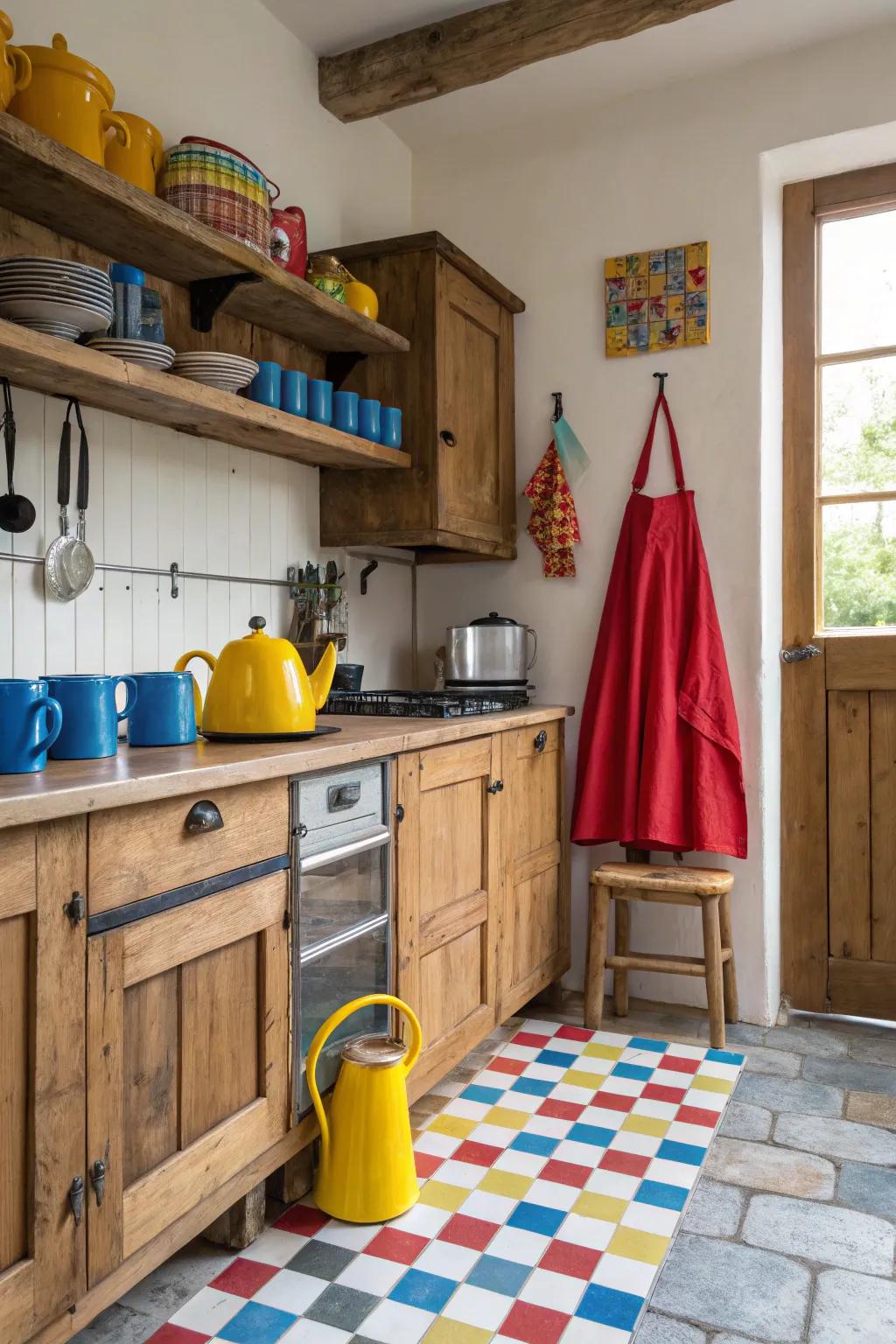 Unexpected color bursts bringing vitality to a farmhouse kitchen design.