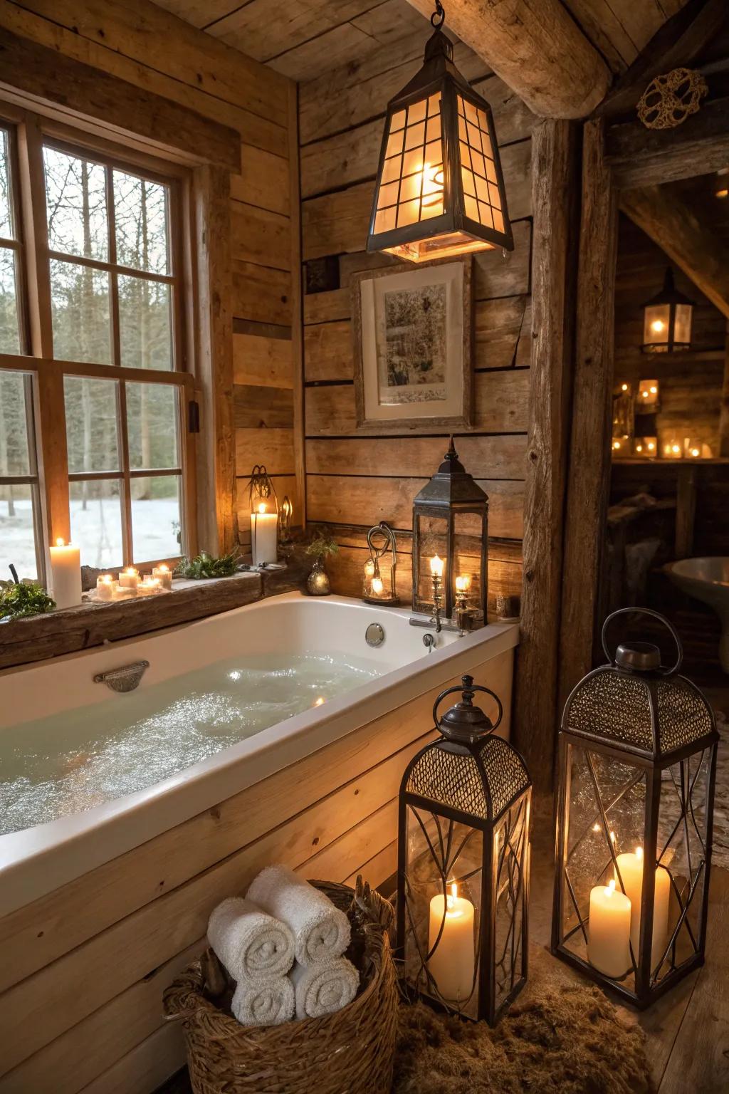 Lanterns incorporate a trace of opulence to bathing rooms.