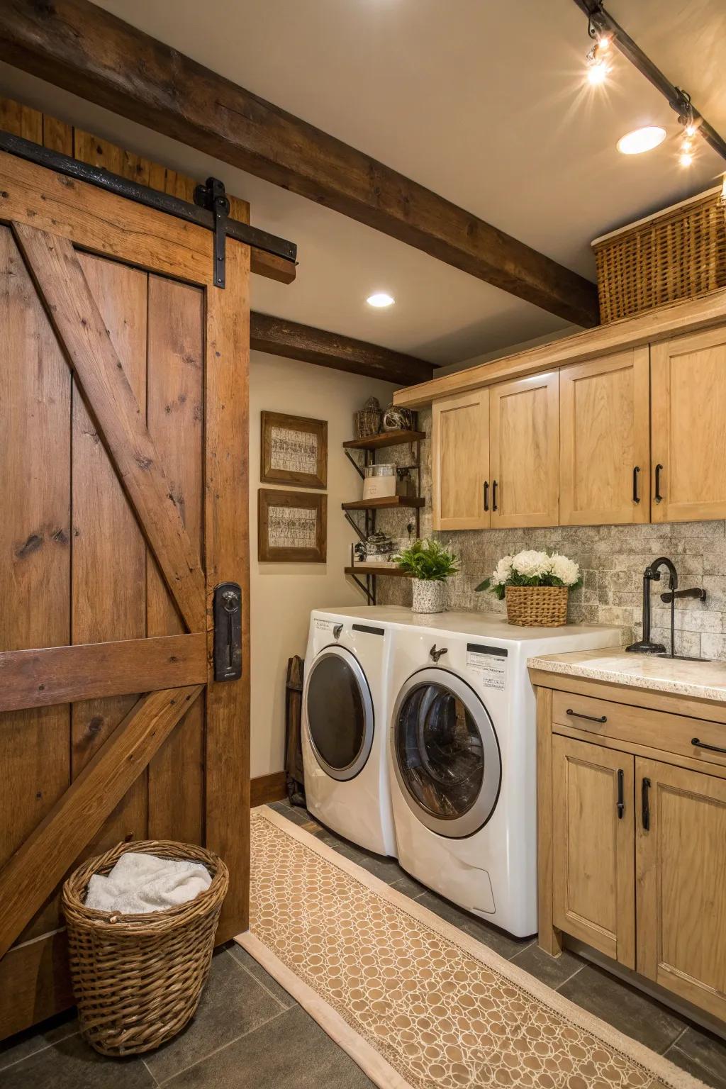 Barn door cabinets infuse this laundry space with rustic charm and style.