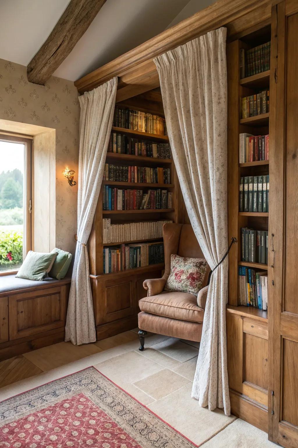 A hidden reading area provides a personal getaway within the library.