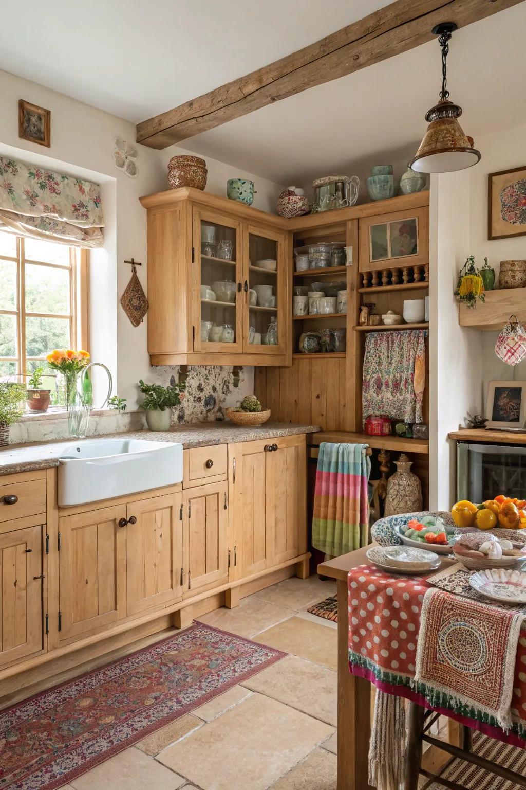 Eclectic decor injects individuality into a cooking space featuring pale timber cabinetry.
