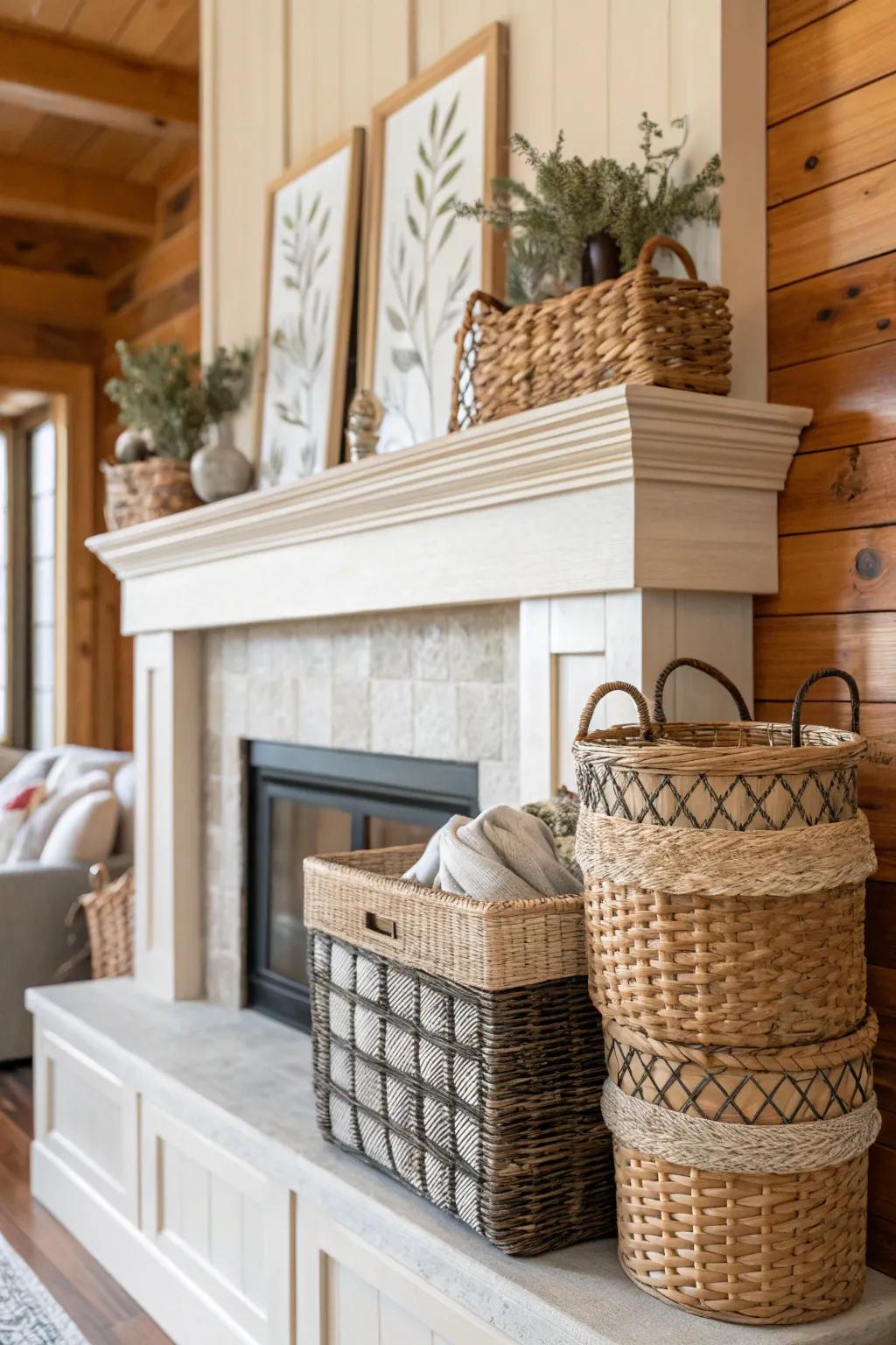 Basket weave accents provide texture and practical storage on the mantel.