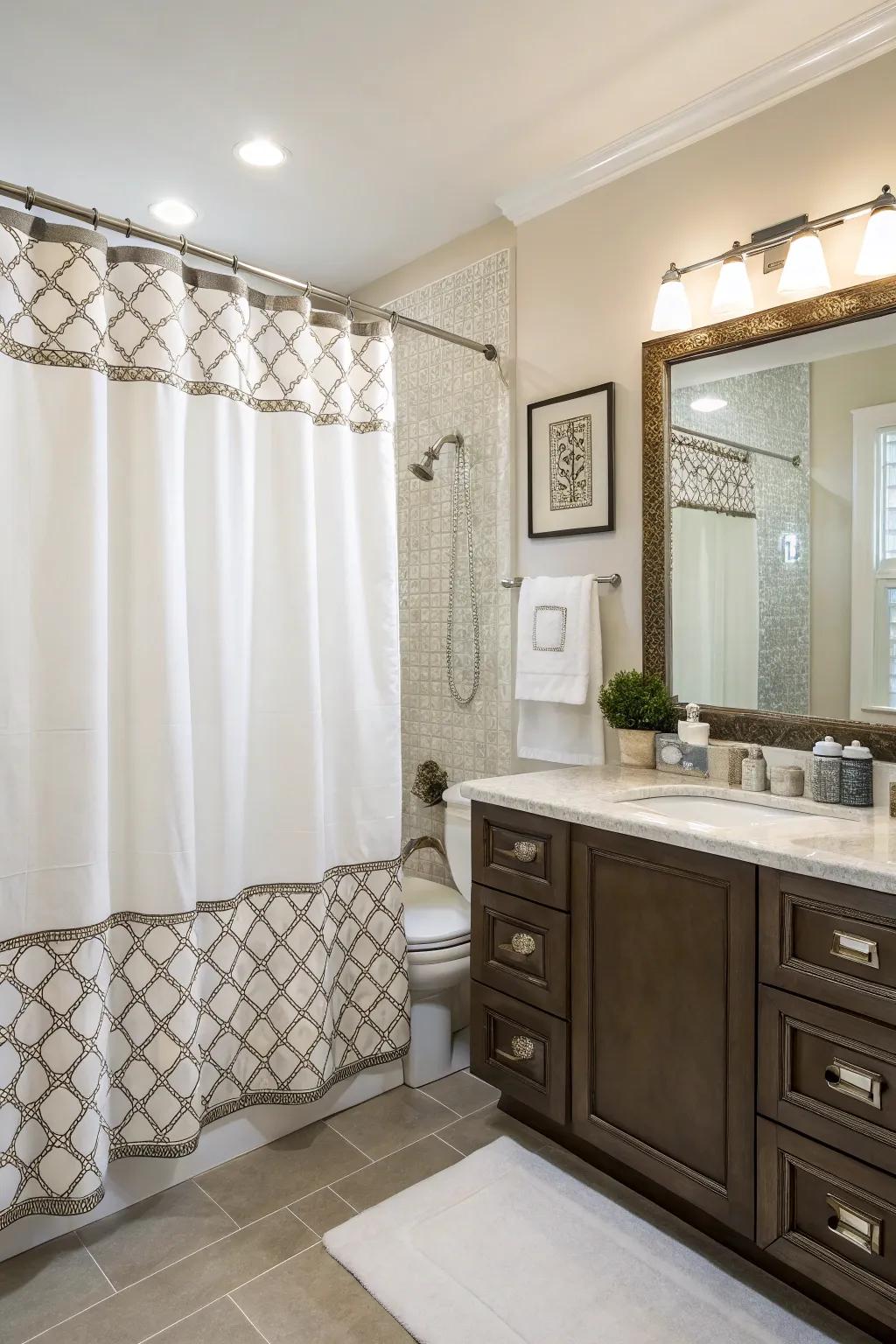 A bathroom with a sleeve pocket shower drape offering elegance and functionality.