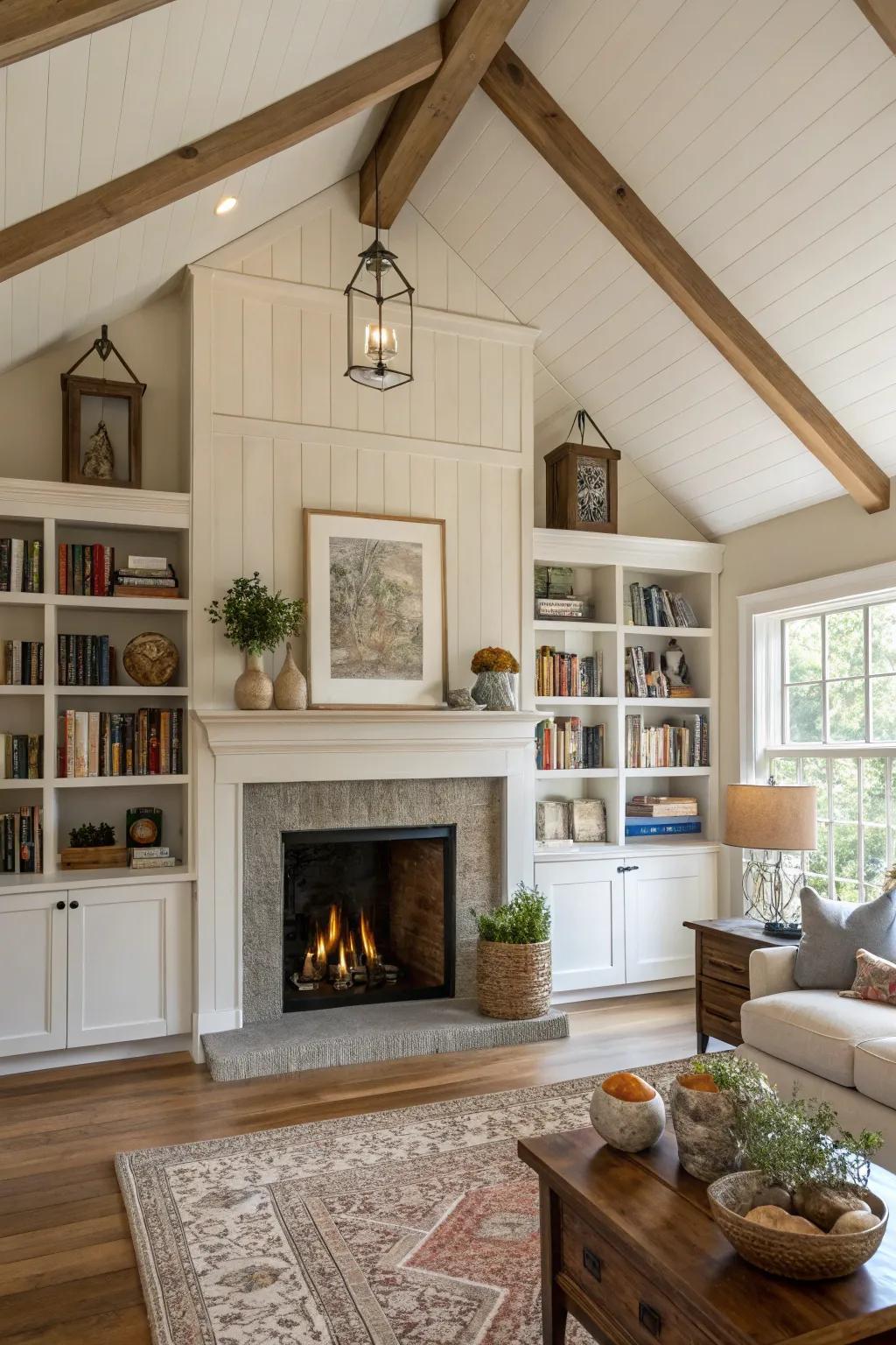 Exposed storage showcasing personal items in a farmhouse living space.