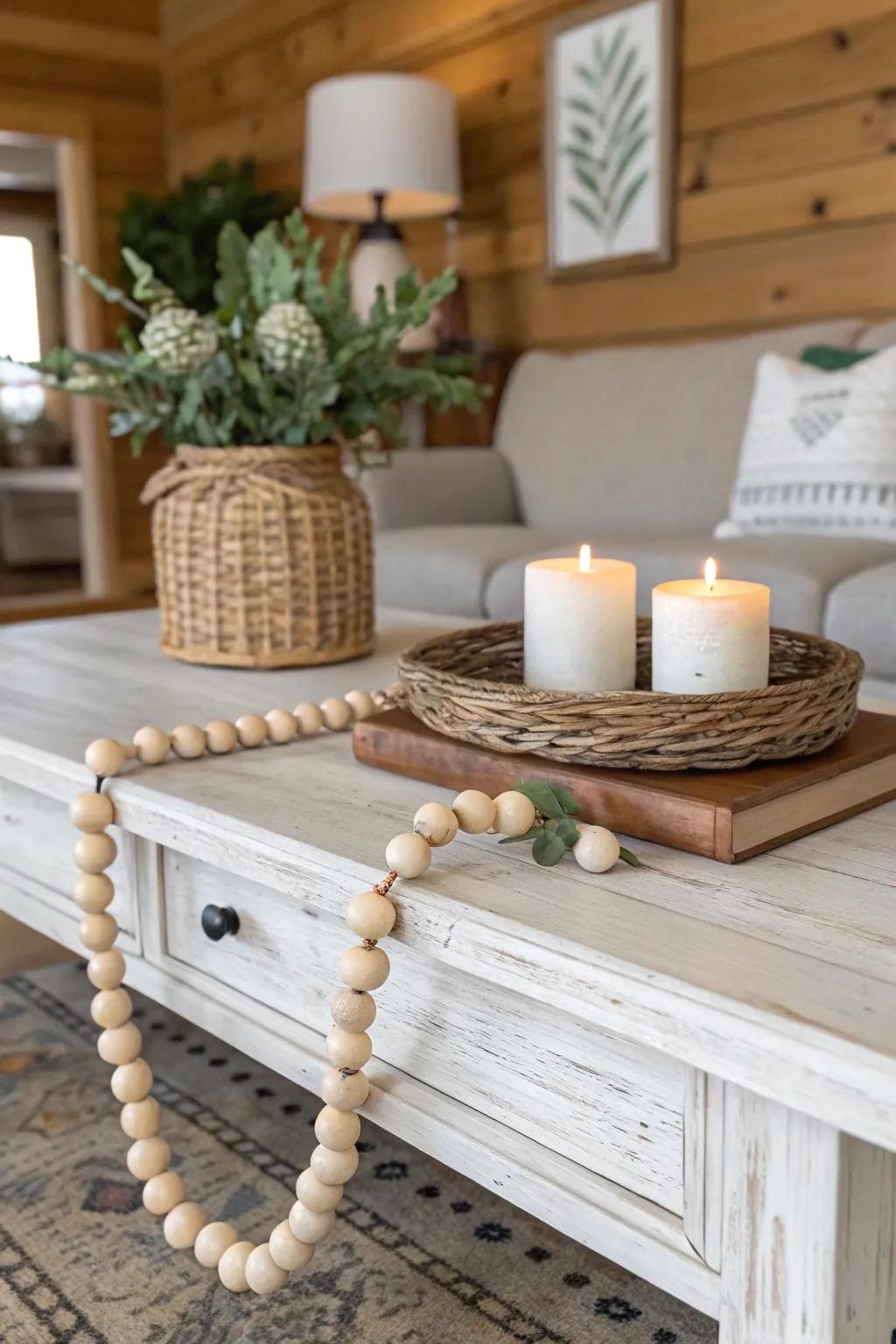 Coffee table enhanced with timber-sphere strand.