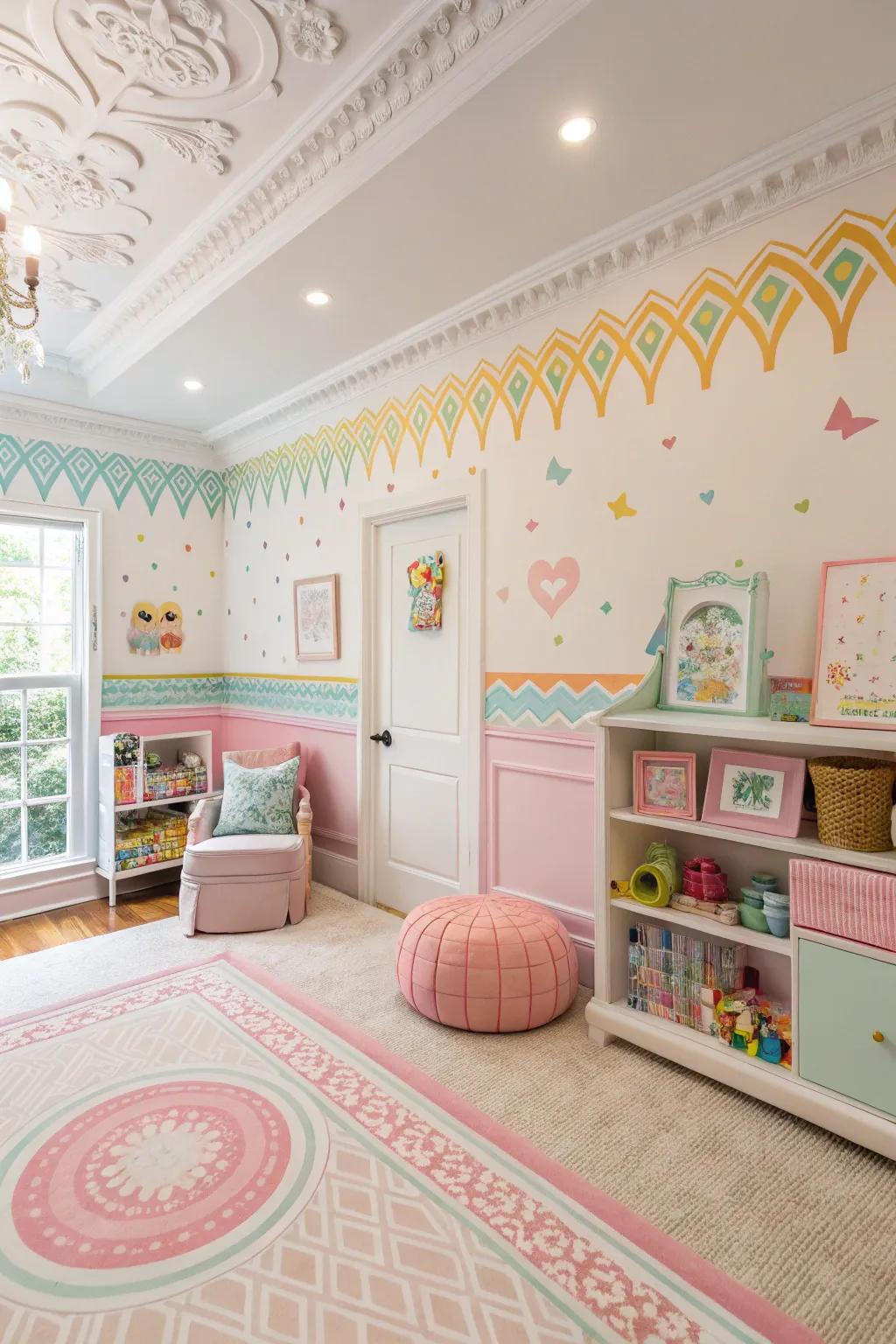 Fun wall designs featuring faux crown molding.
