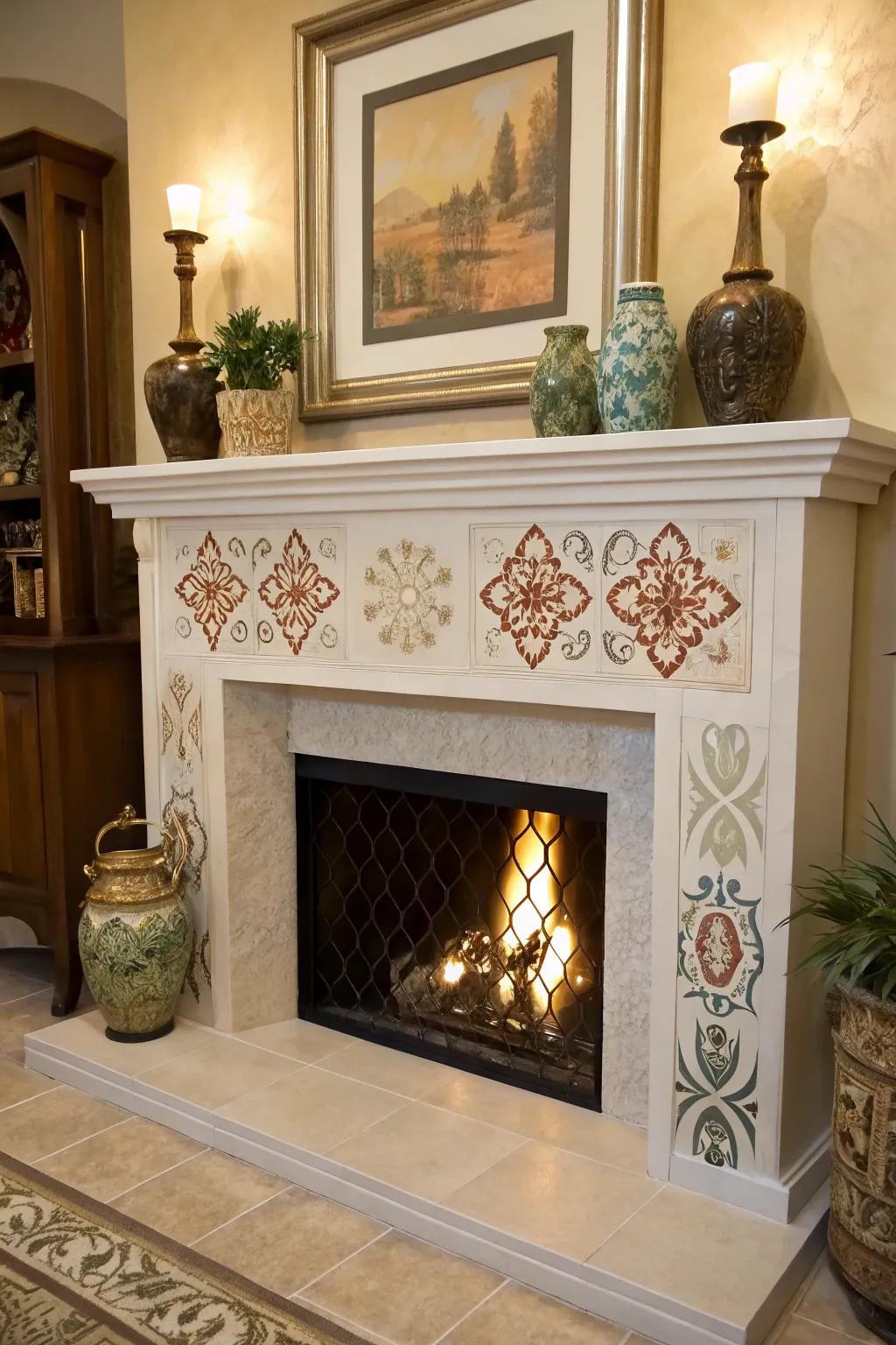 An artificial fireplace featuring an artistic design decorated hearth design.