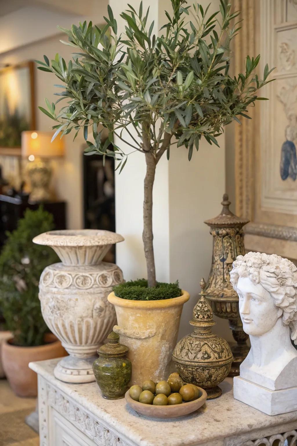 Compose an artistic layout using a faux olive tree.