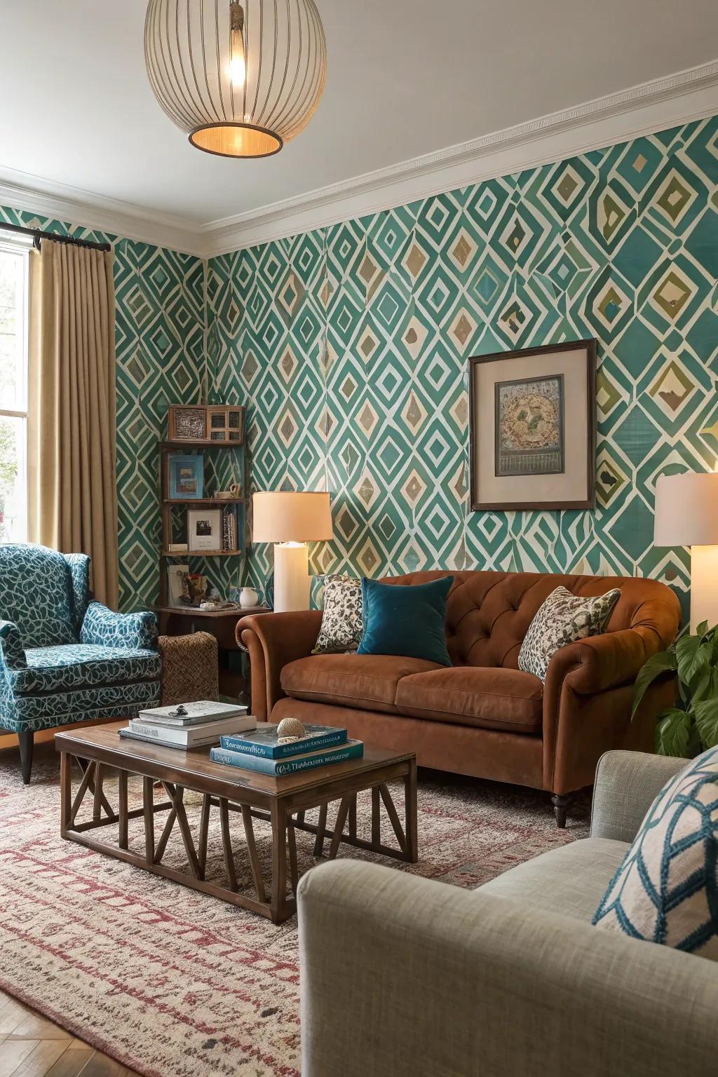 A living space showcasing audacious and captivating patterned wallpaper.