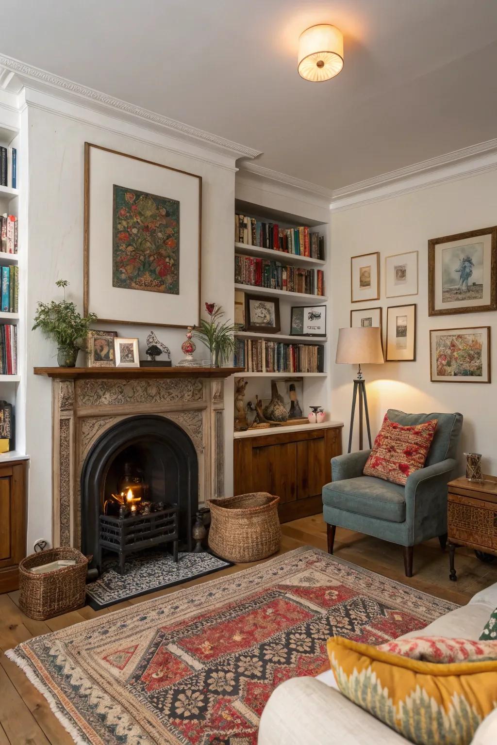 An eclectic living space showcasing a fusion of aesthetics surrounding the fireplace nook.