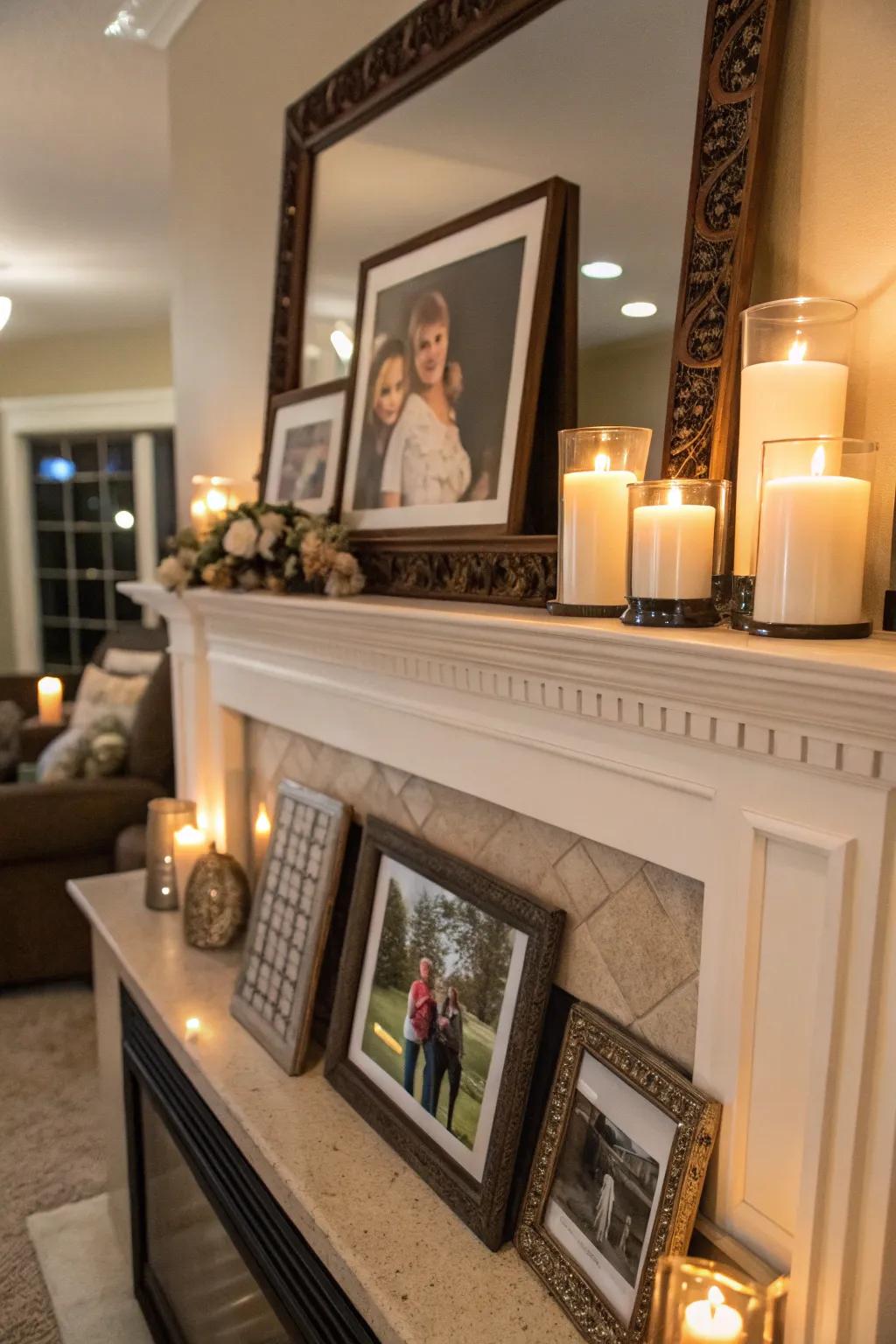 A gallery adds a personal touch to the fireplace.
