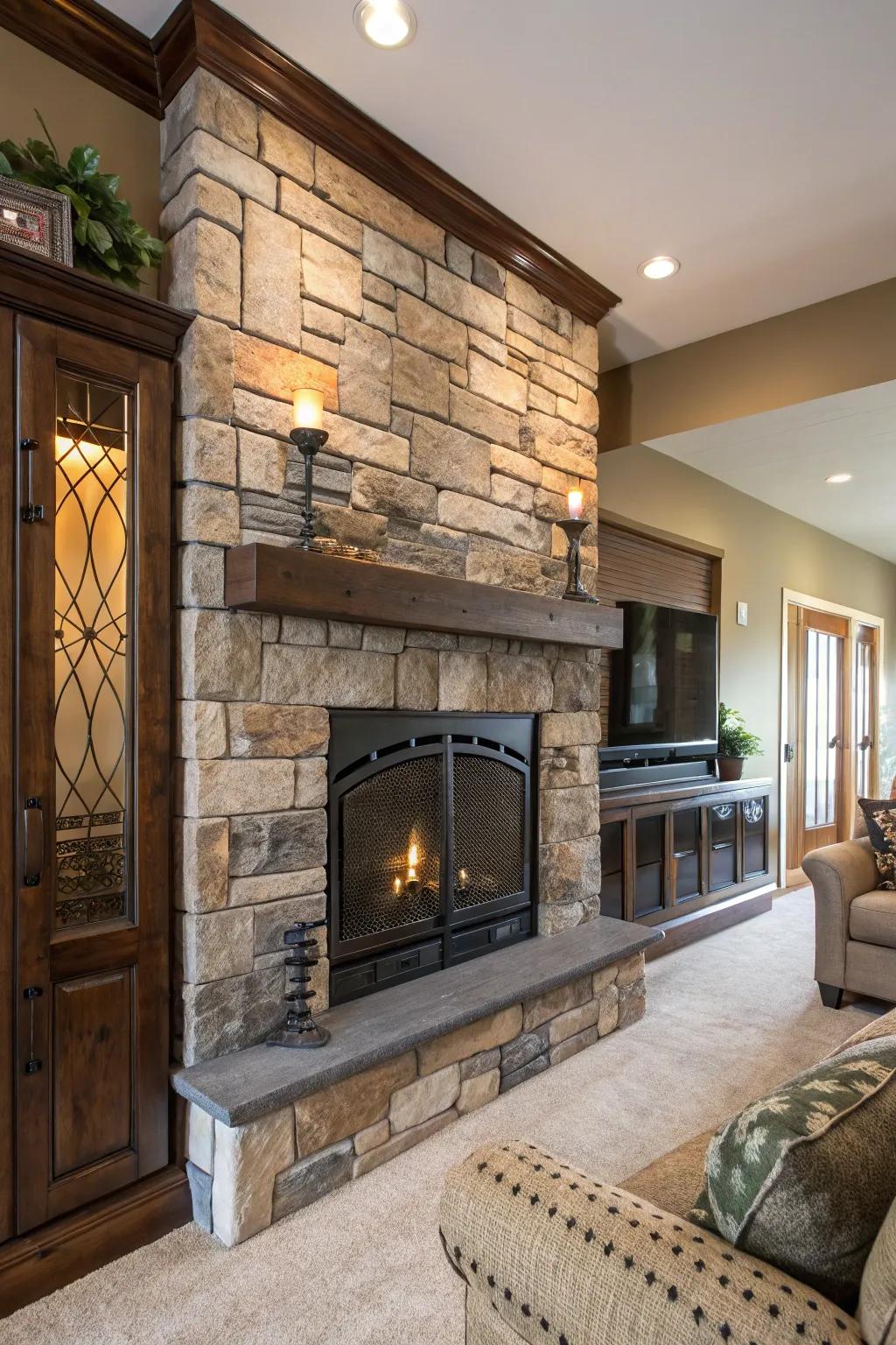 A showpiece of blended materials on this spectacular fireplace design.