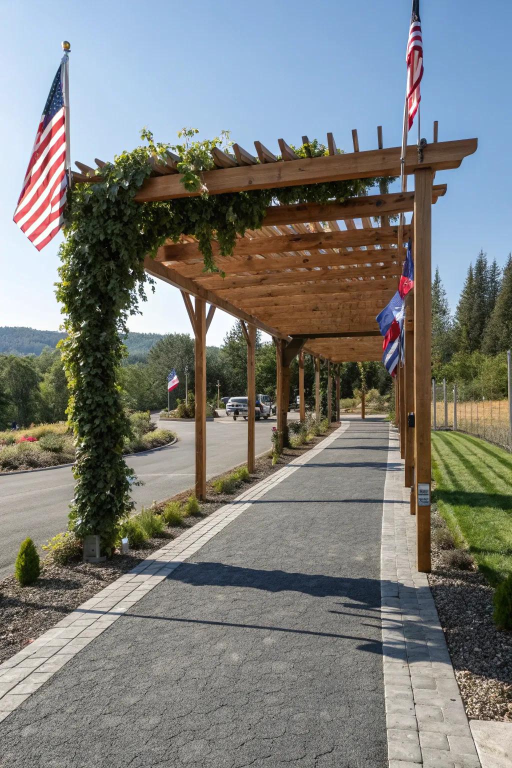 A wooden pergola adding charm and shade to a rear lot access road.