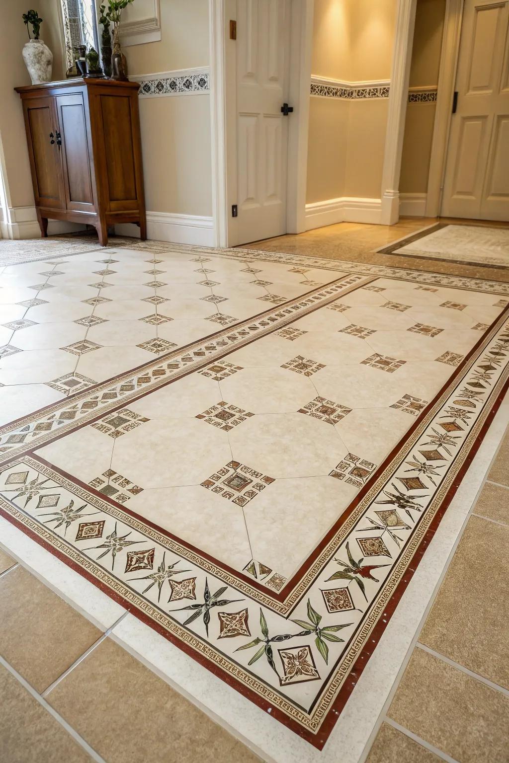 Tile borders create a defined, rug-like effect on floors.