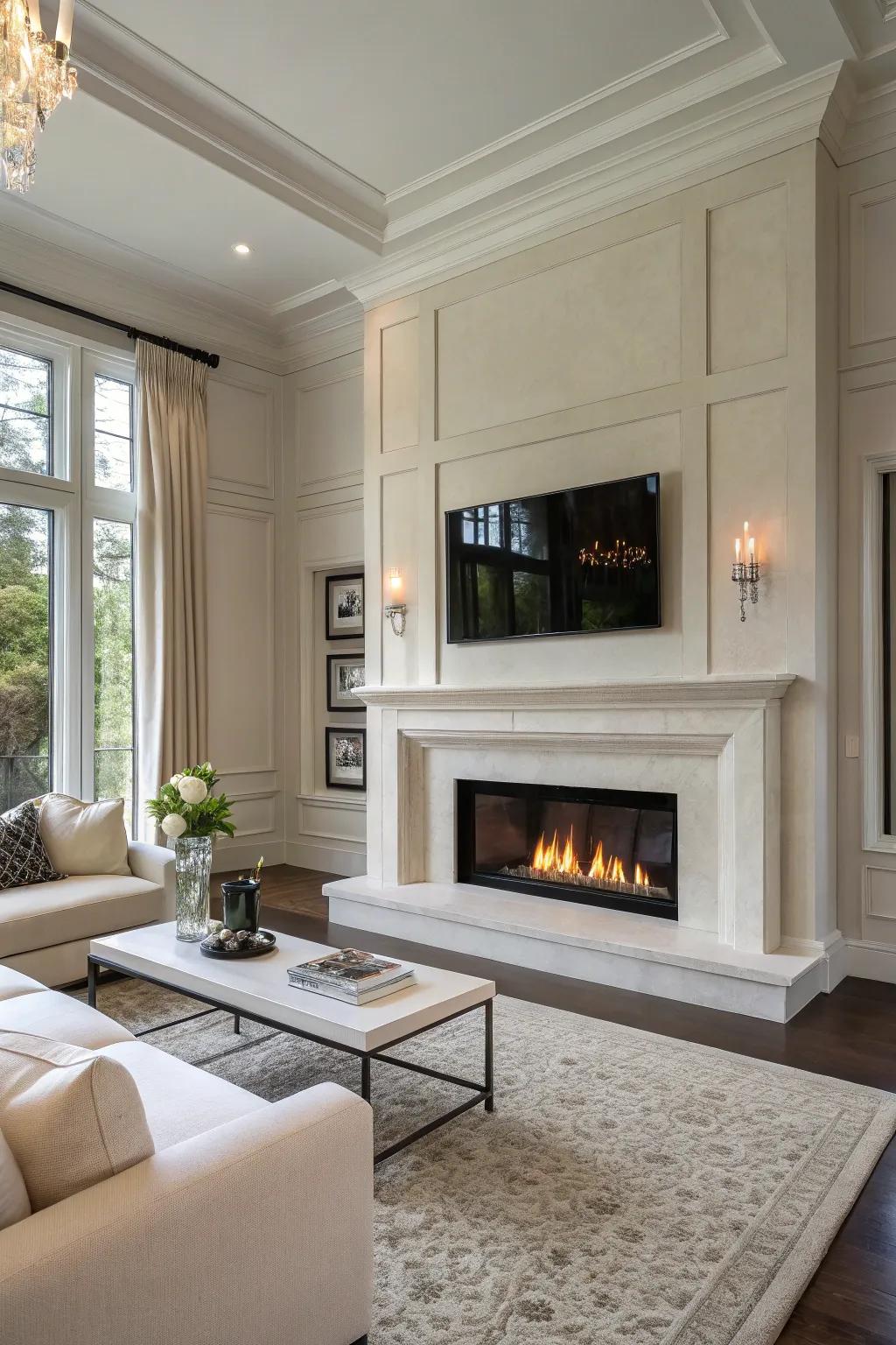 A minimalist living room featuring a floating floor-to-ceiling fireplace.