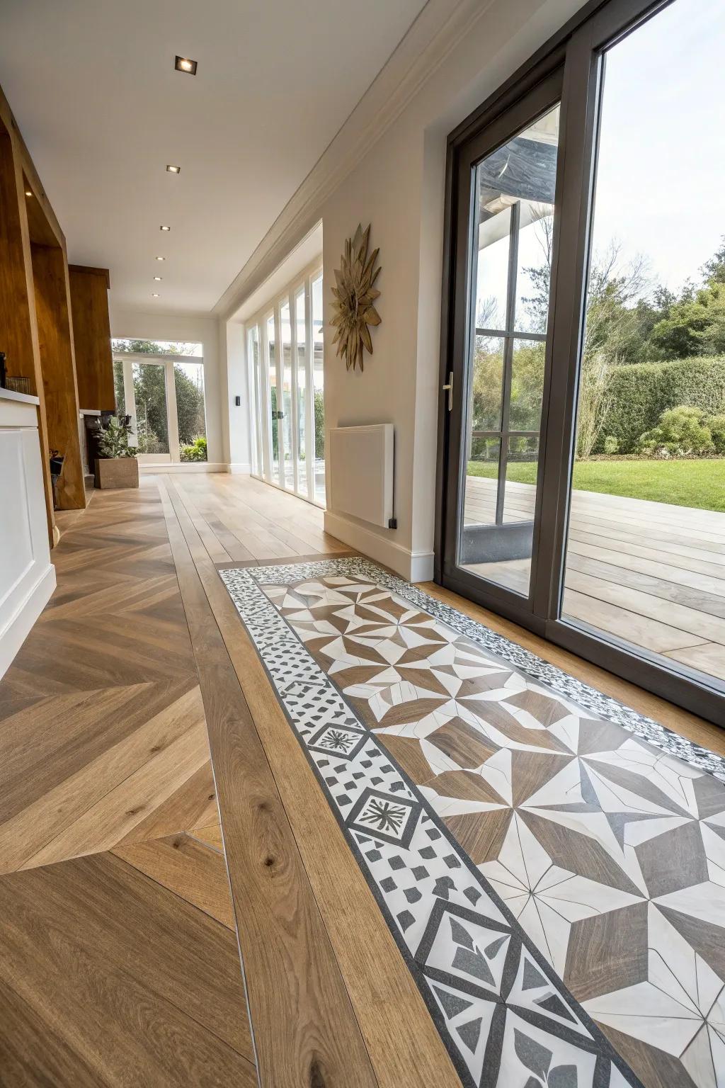 Geometric pattern transition turns floor into art.