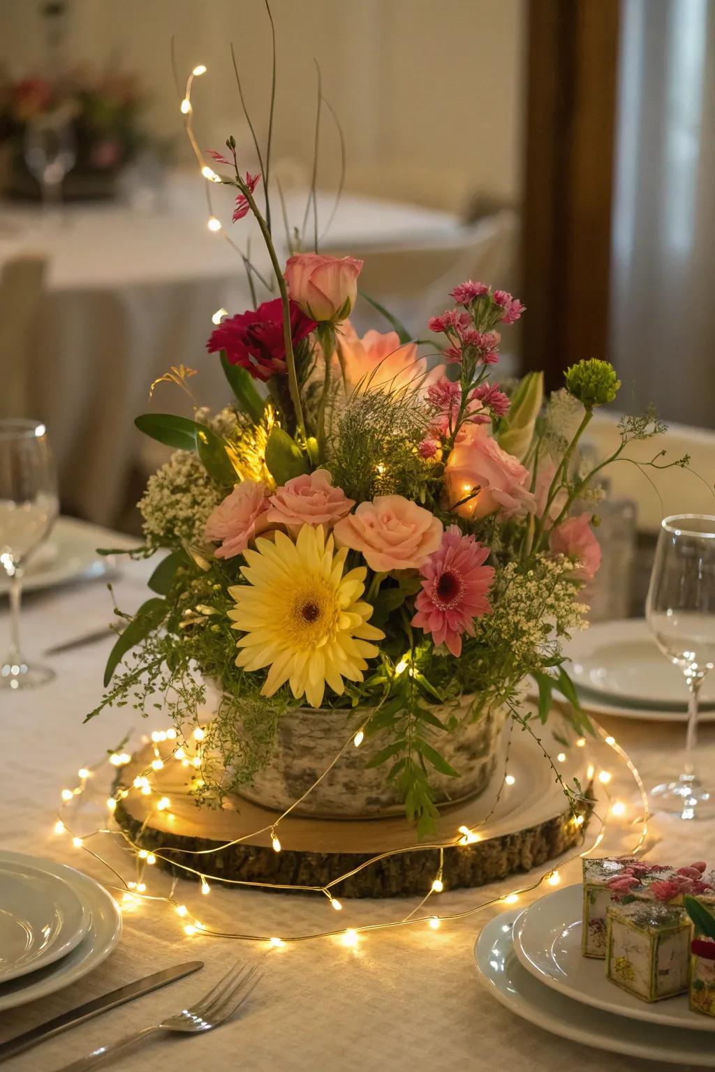 Whimsical fairy lights and flowers centerpiece, injecting a magical touch into your evening decor.