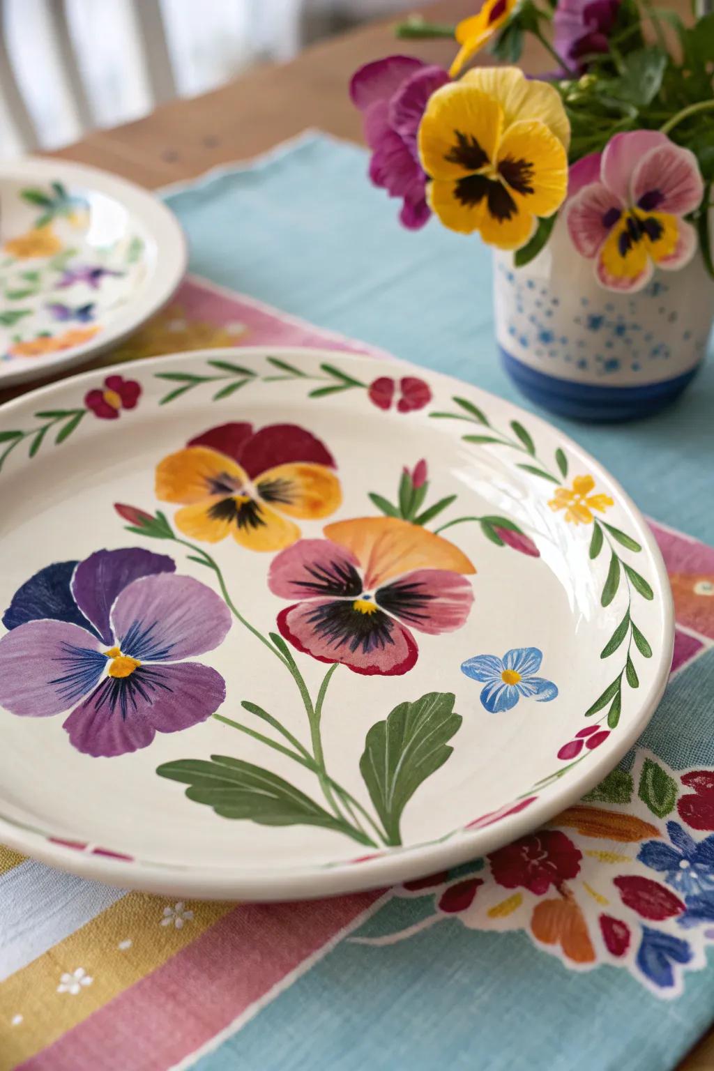 Playful violas contribute a lively and charming aspect to your tableware.