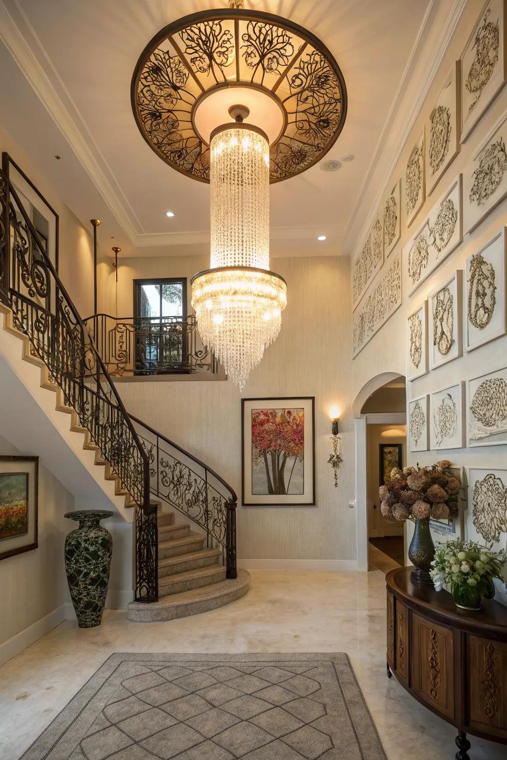 A custom-designed chandelier adds personal flair to this unique entrance hall.