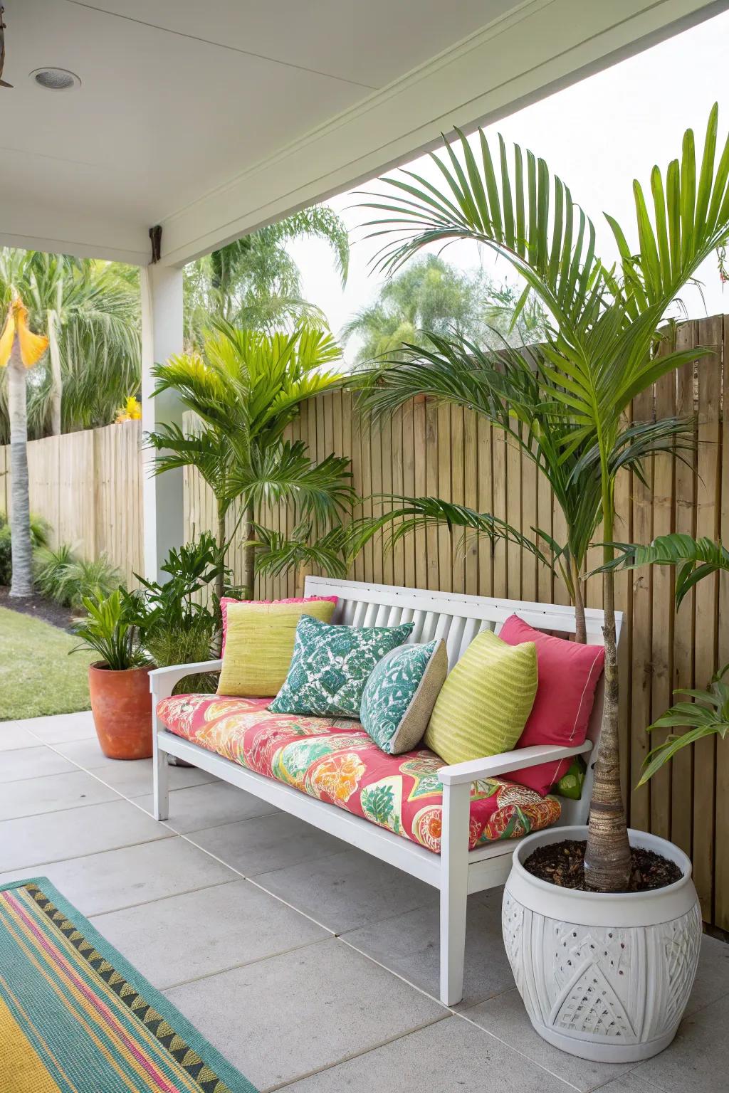 Bright colors and lush plants create a tropical paradise on the porch.