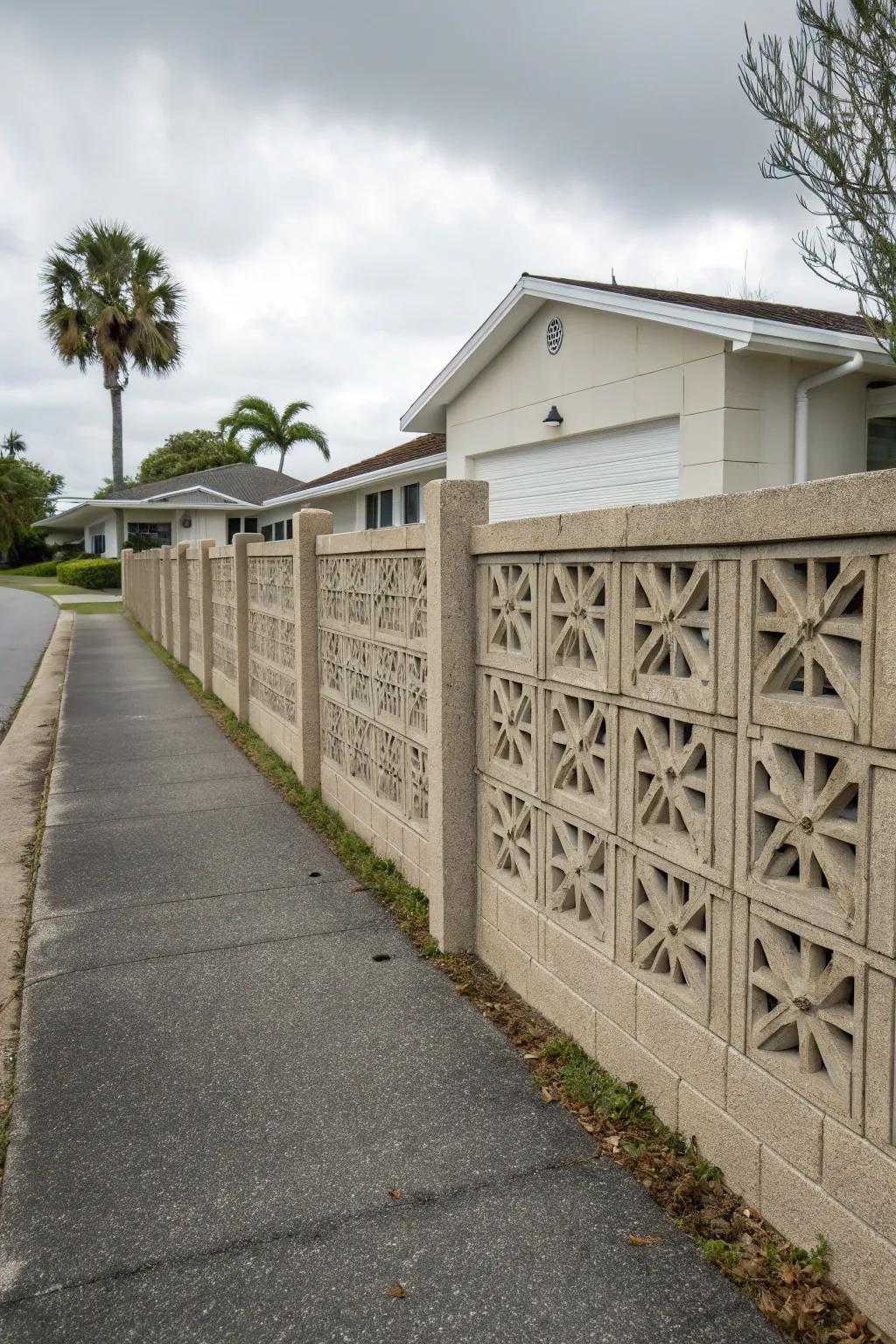 A concrete block fence with unique patterns adds texture and character to the driveway.