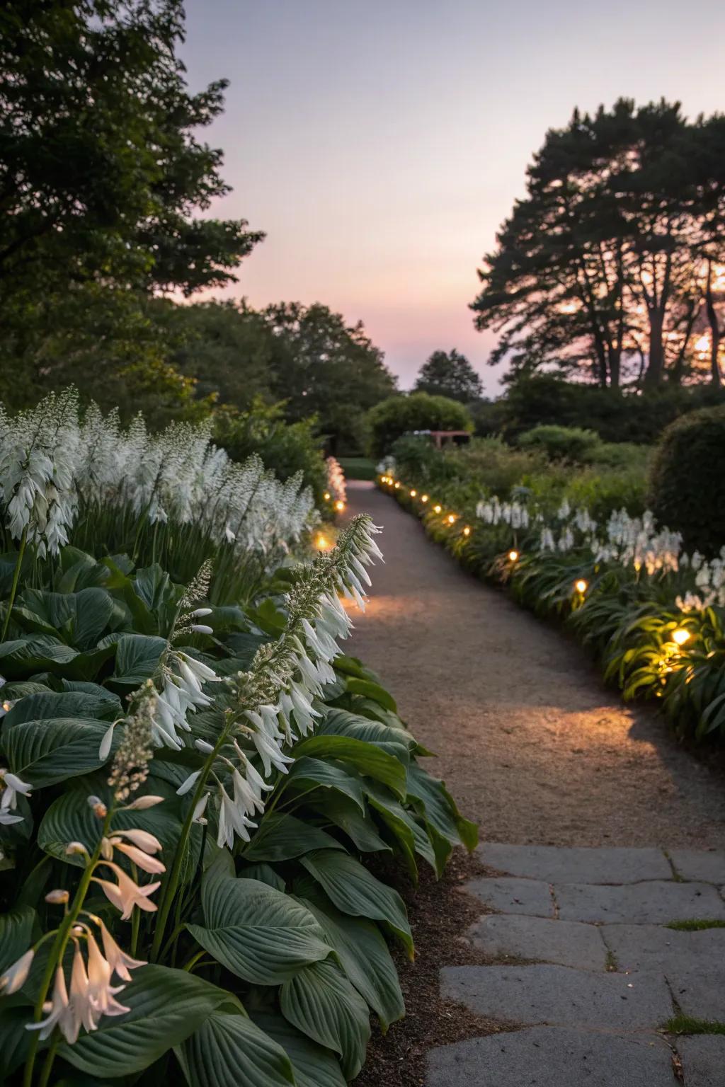 White shadeleaf plants light up paths with a magical glow.