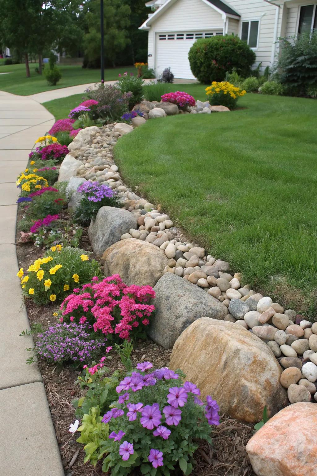 Stone borders marking spaces around flower patches in a harmonious garden design.