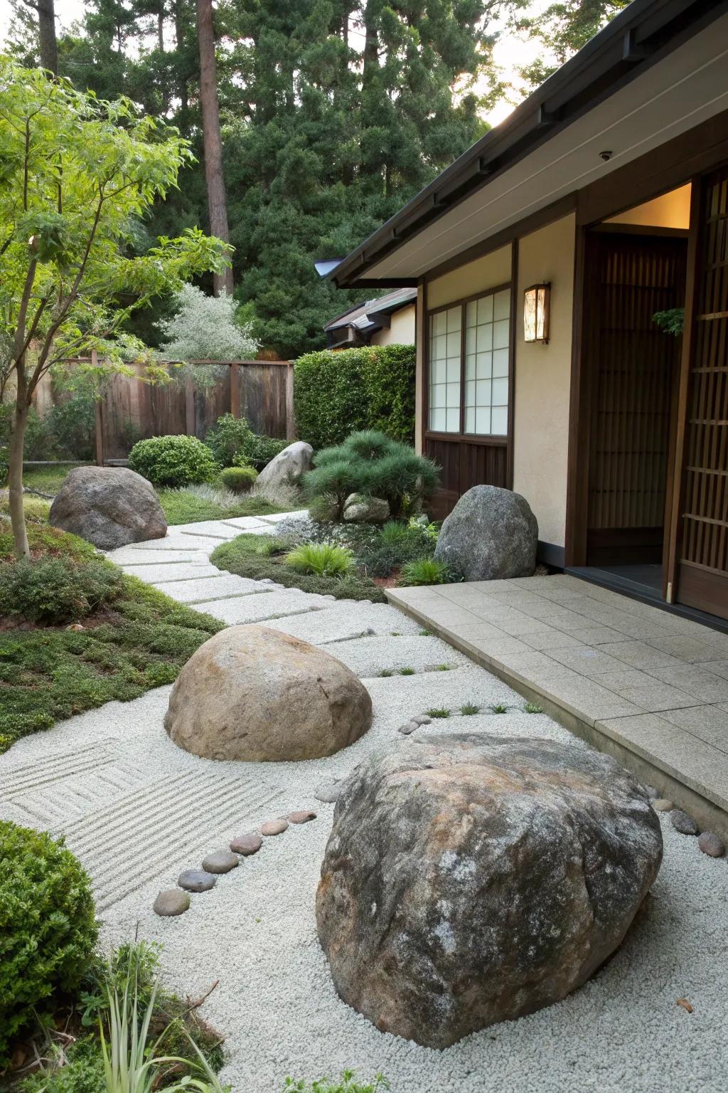 Unearth serenity within a Zen-inspired sanctuary, featuring massive stones.