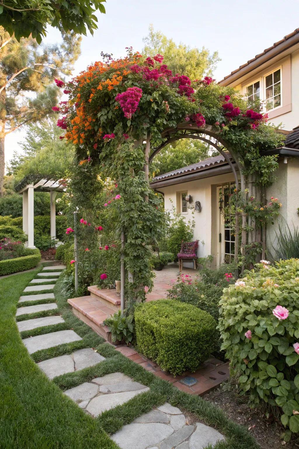 Trellises highlighted with climbing vegetation transform your boundary into a vivid work of art.