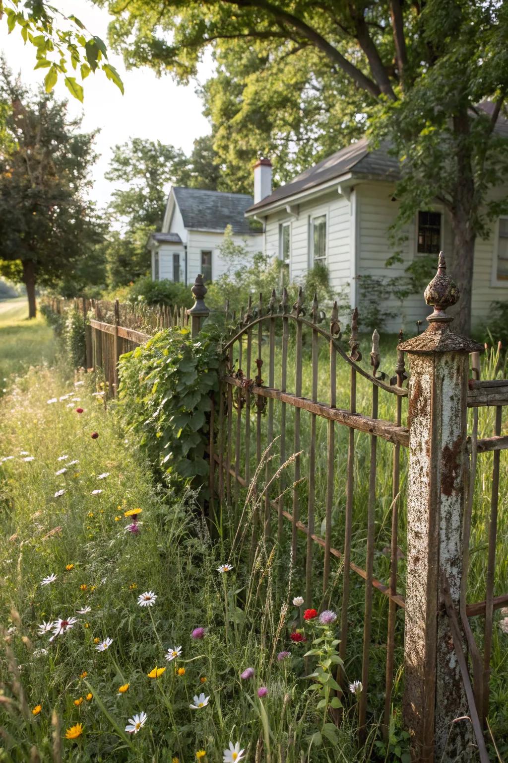 A weathered, rustic decorative metal fence adding charm to a country home.