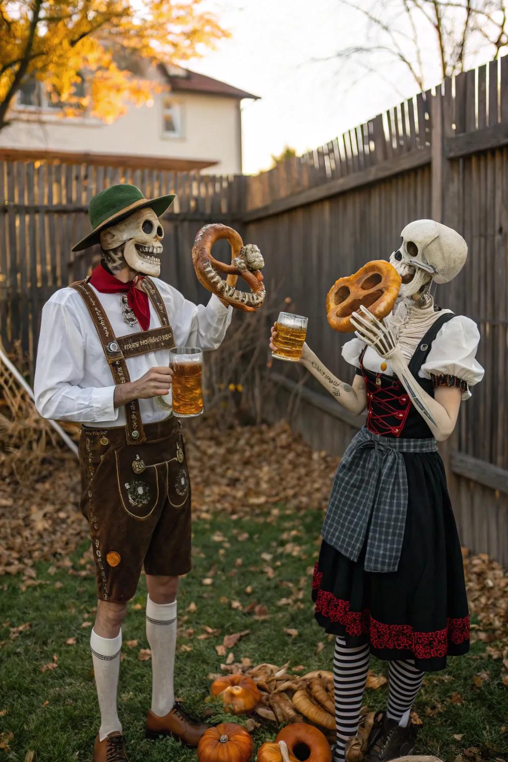 Skeletons celebrating Harvest Fest in style.